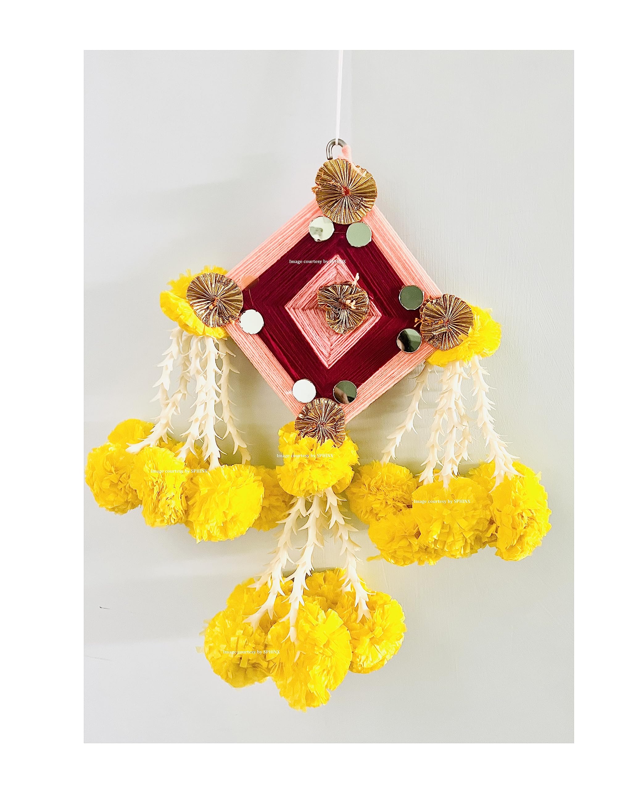 SPHINX Artificial Fluffy Marigold & Rajnigandha Tassels with Woolen Colorful Decorative Kites for Festive Pooja Wedding Housewarming Diwali Decorations - (Height x Width = Approx 25 x 15 cms (6L), 2 PIECES)