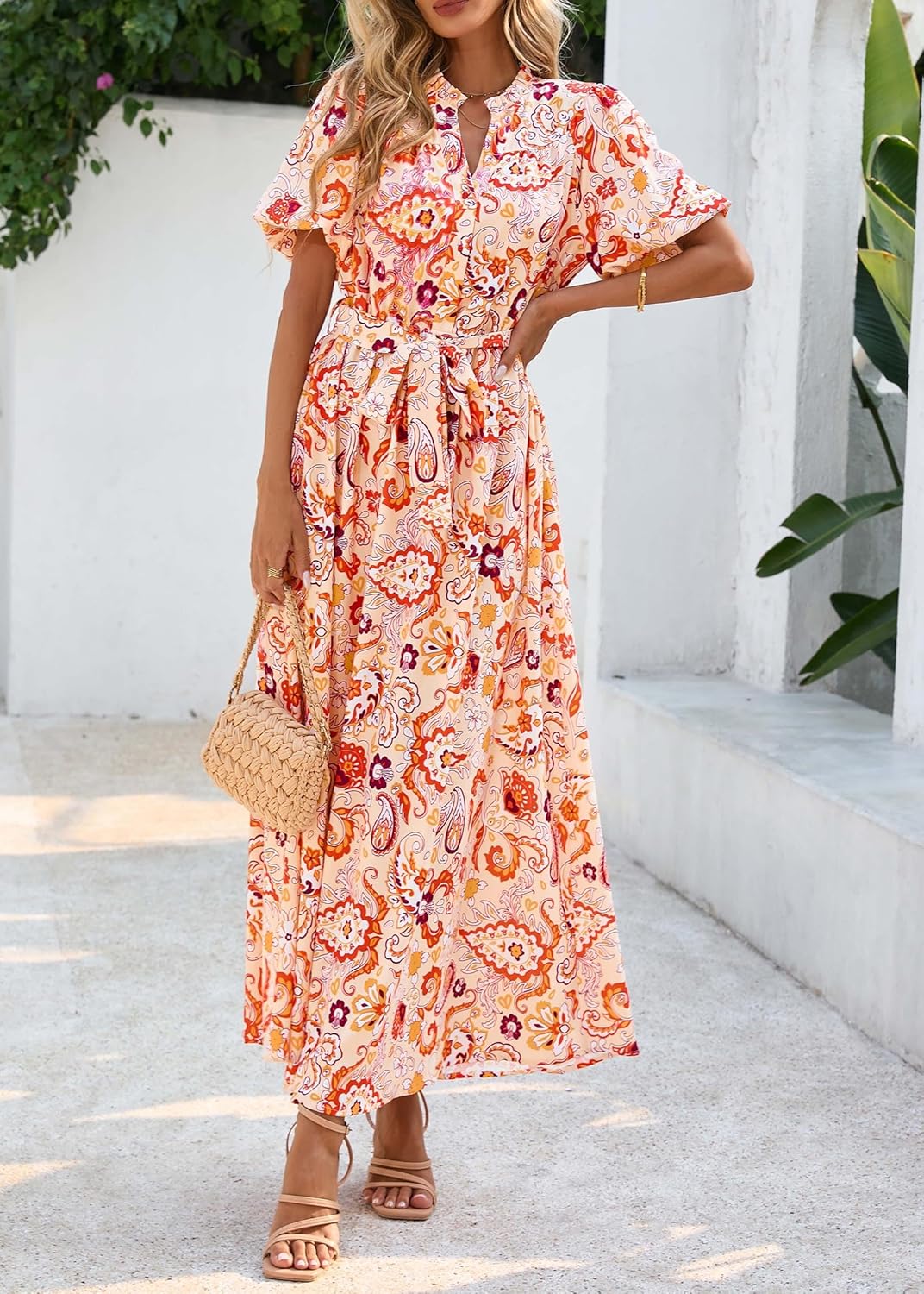 KIRUNDO Women Spring Summer Wedding Guest Boho Floral Maxi Dress Puff Sleeve Button Shirt V Neck Flowy Beach Vacation Dress - Image 5