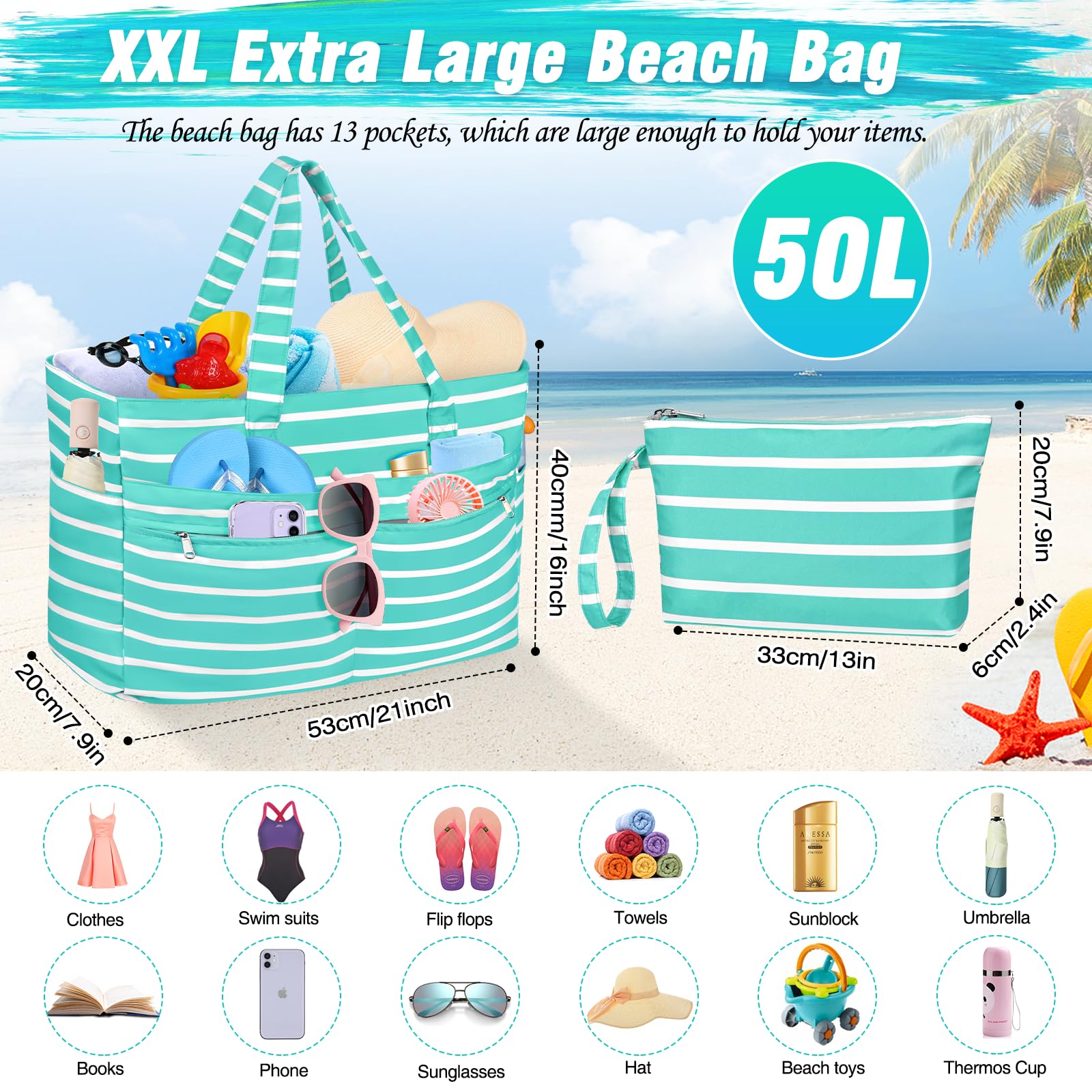 WACCET Borsa Mare Donna Grande, Borsa Spiaggia Donna Impermeabile con Zip Borse Mare Grande XXL Famiglia 50L Pieghevole Leggera Borse Beach Tote Bag per Spiaggia, Viaggio, Vacanza, Piscina