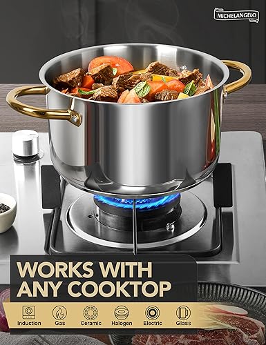 Miniatura 4 de MICHELANGELO Ollas de acero inoxidable, olla de 8 cuartos de galón con tapa, compatible con inducción, ollas de cocina con mango remachado, aptas