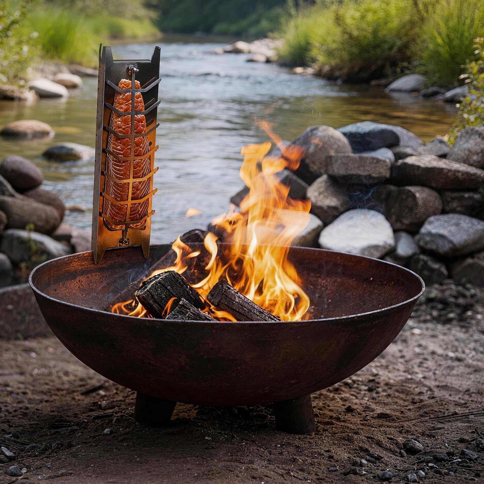 Flammlachsbrett Edelstahl, Flammlachsbrett für Feuerschale, mit Fünf Verstellwinkel für die Neigung & 180° Drehbar, Lachsbretter zum Grillen Feuerschale, Geeignet für Feuerschalen und Kugelgrills