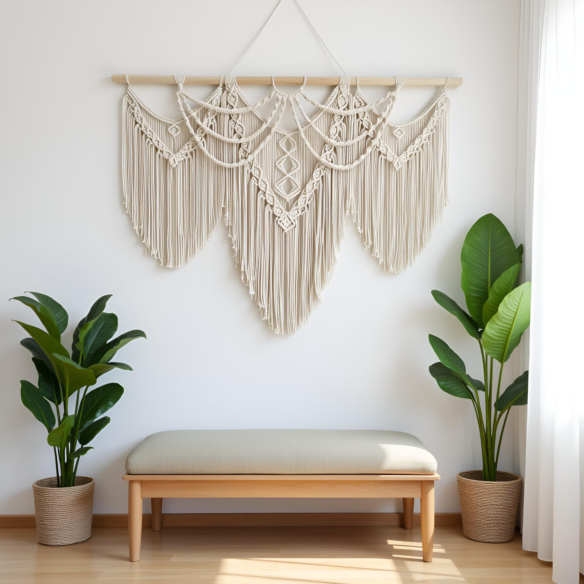 Großer Makramee-Wandbehang – Boho-Wandteppich, Makramee-Wanddekoration, Kunst, schick, böhmische Handarbeit, gewebter Wandteppich, Wohnung, Hochzeitsfeier – 109.2x81.3 cm (Beige-Fransen)