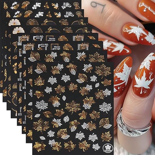 8 Sheets Bronzing Fall Nail Art Stickers 3D Metallic Self-Adhesive