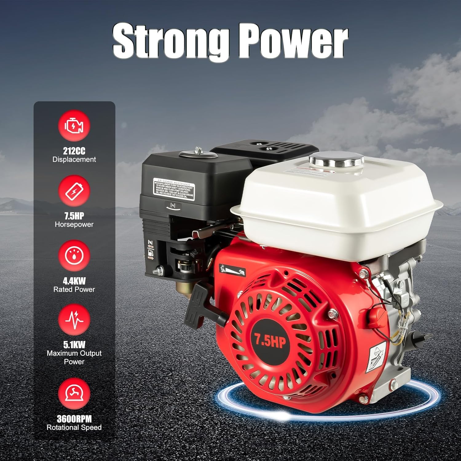 Motor de gasolina 5100 W Go Kart con motor de gasolina, monocilindro, 4 tiempos, 212 cm³, 7,5 CV, cigüeñal de 20 mm, sistema de refrigeración por aire, depósito de combustible de 3 6 l, para