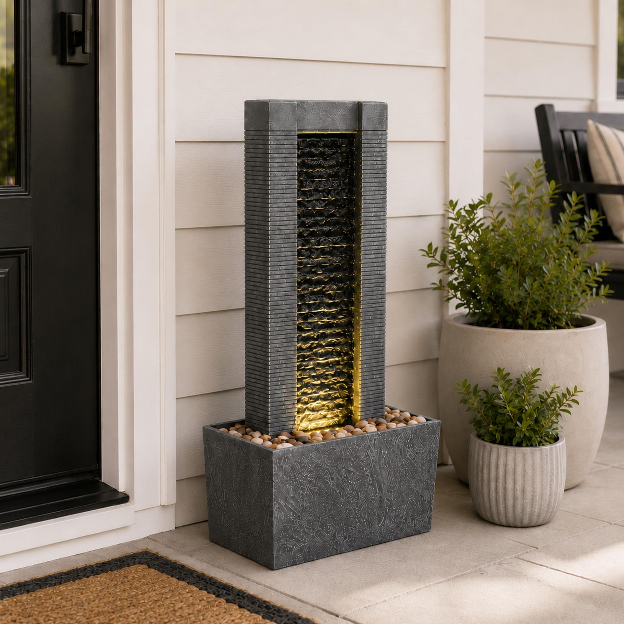 Teamson Home Demeter - Fontana a cascata con luci a LED e pietre di ciottoli, per patio, giardino, cortile, decorazione per terrazze, altezza 74,3 cm, grigio
