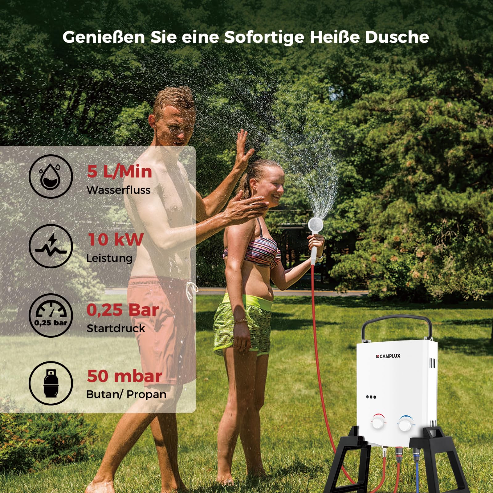 CAMPLUX 5 Liter Gasdurchlauferhitzer mit Stütz & Wasserpumpe, LPG, 50mbar, für Campingdusche/Wohnmobilausflug, AY132Max-DE mit Tragetasche
