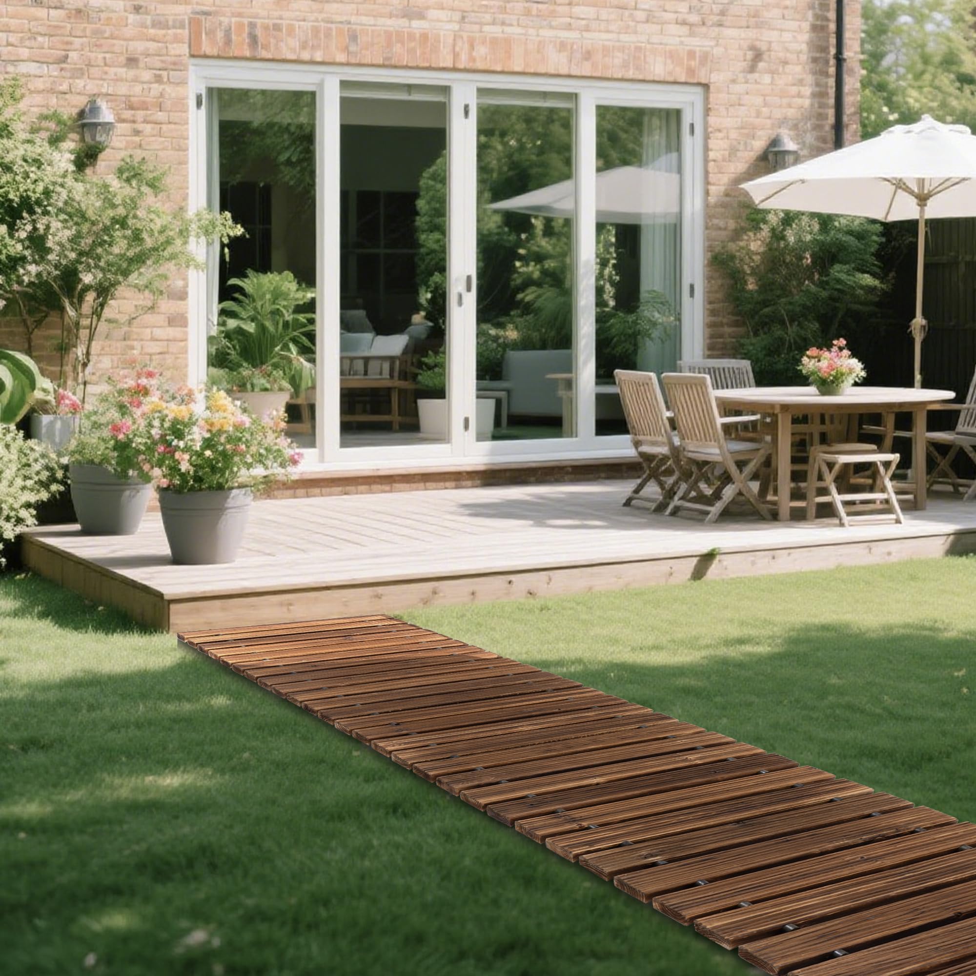 COSIEST Camino de jardín de madera de 12 pies, pasarela recta antideslizante para decoración al aire libre, camino de suelo resistente a la intemperie, camino plegable instantáneo para patio y terraza