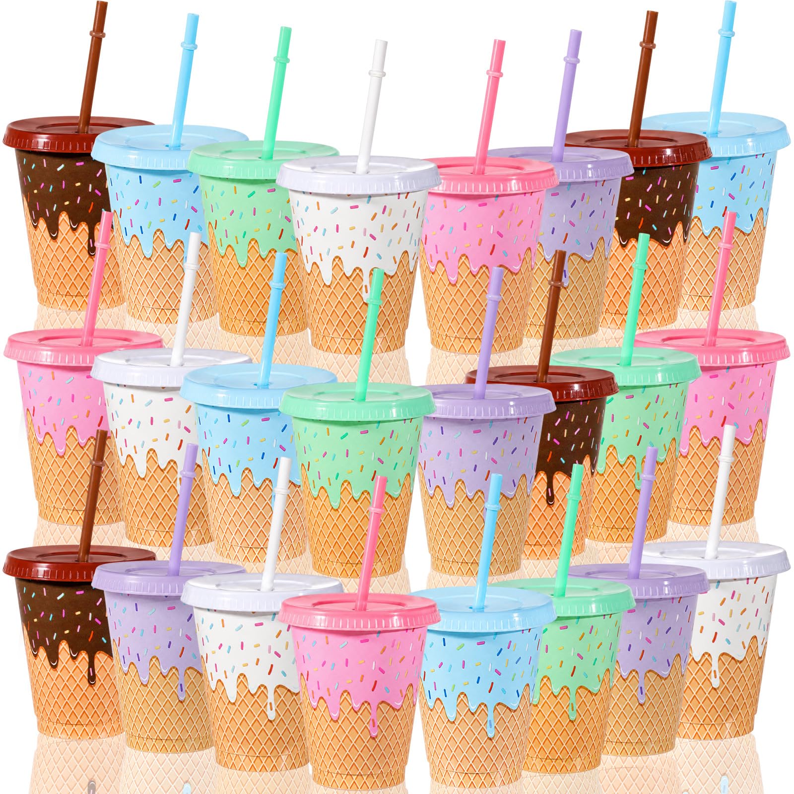 24 Pcs Ice Cream Drip Plastic Cups with Lids and Straws Bulk 16 oz Ice Cream Party Favors Drip Cone Reusable Tumblers Summer Themed Drinking Cups for Summer Birthday Wedding Party Supplies Decorations