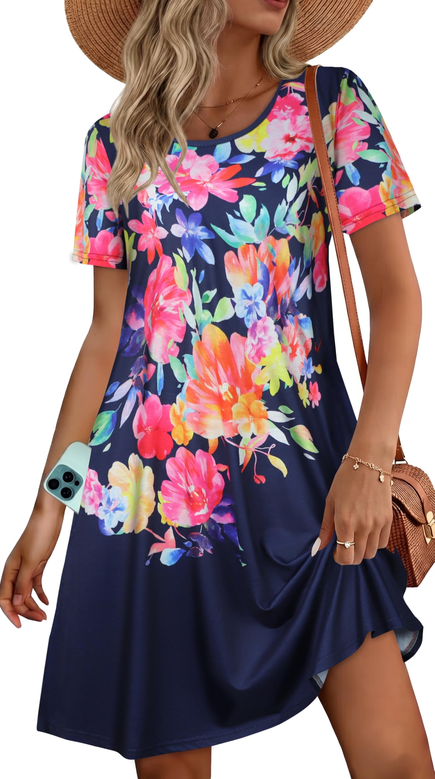 elescat Womens Summer Dresses Casual Loose Tshirt Floral Pockets Sundress | 2026 Boho Flowy Short Sleeve Dress, Two Hidden Pockets, Loose Beach Cover Up, Solid or Floral, Fashion Vacation Outfits