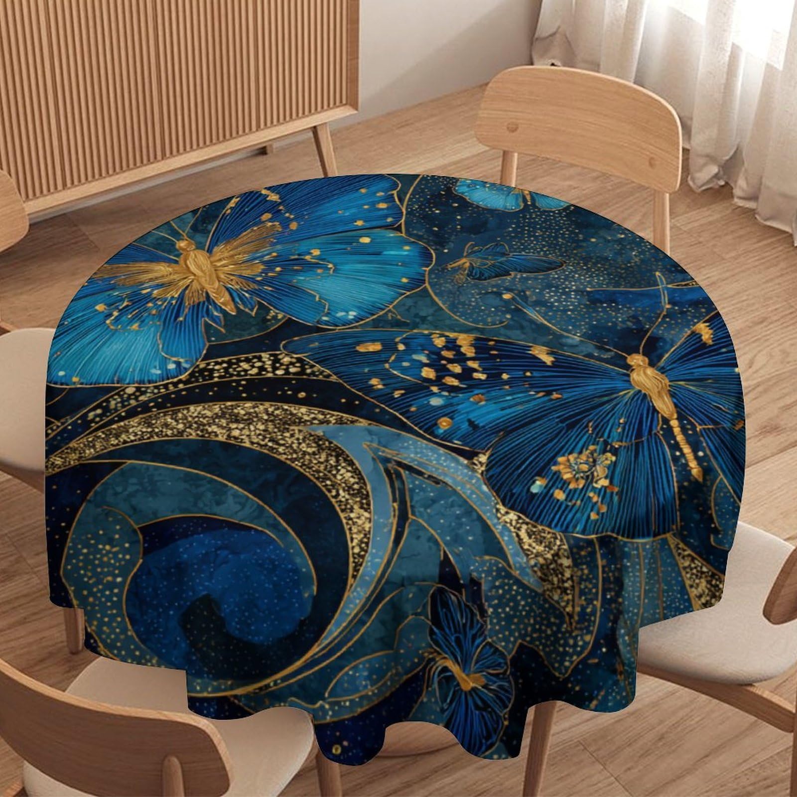 LUYYSKY Beautiful Watercolor Butterfly Waterproof Round Tablecloth Fantasy Abstract Animal Butterflies Blue Gold Print Washable Table Cover for Kitchen-91.4" Wx91.4 L cm