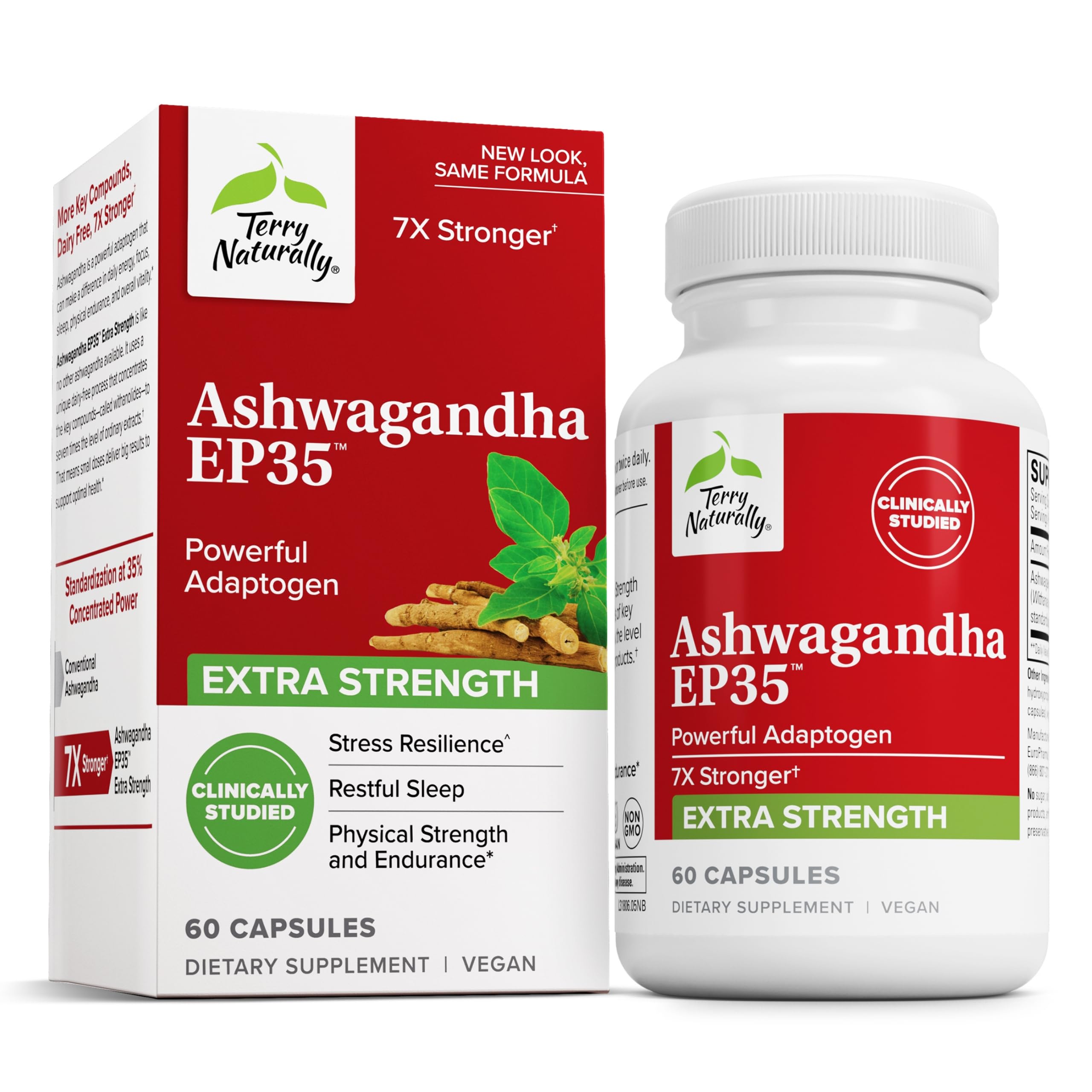 Terry Naturally Ashwagandha EP35 Extra Strength - Herbal Supplement for Sleep Support - Aid Healthy Stress Response - Endurance & Energy Support - 60 Capsules (60 Servings)