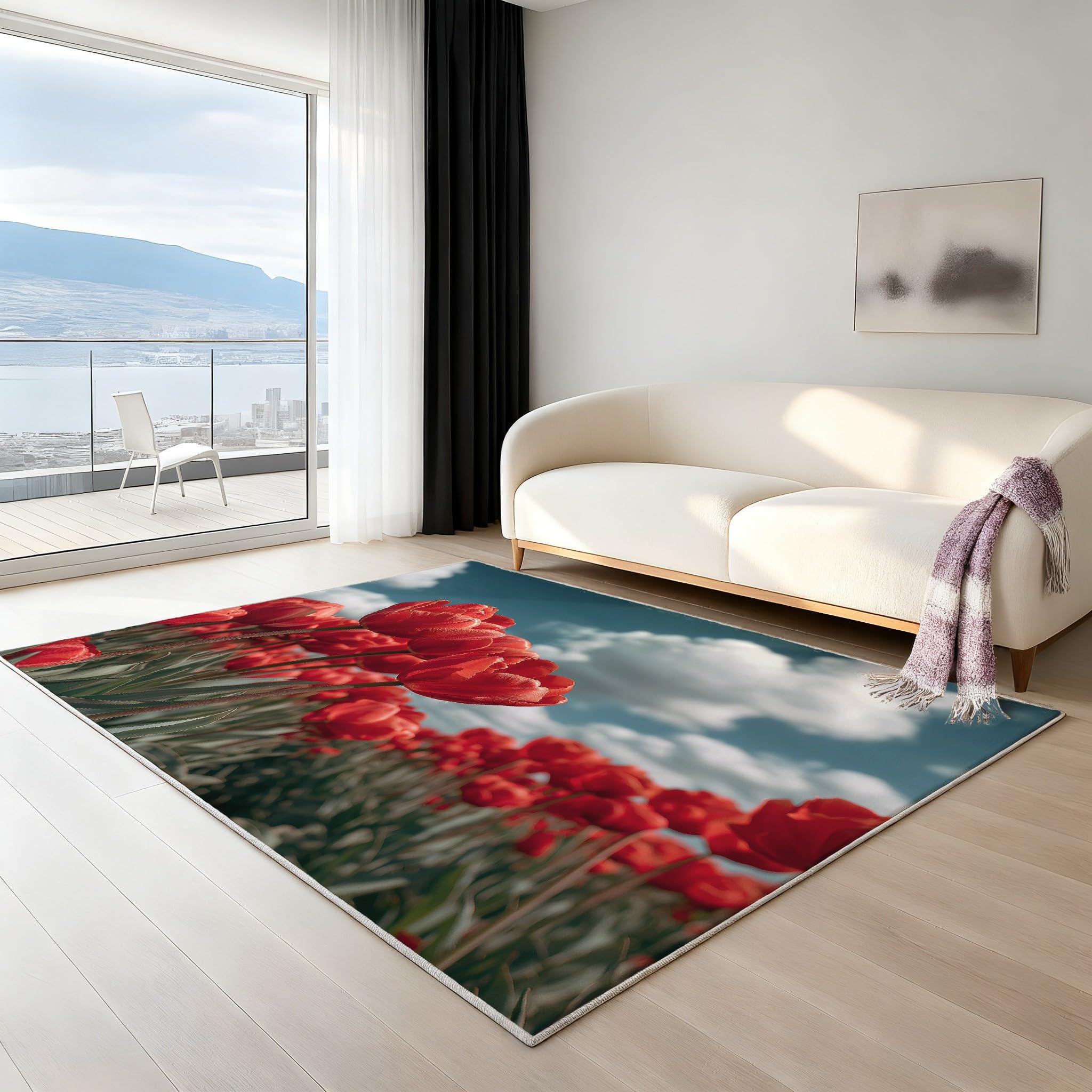 Générique Tapis De Salon Poils Ras Grand Nature Floral Intérieur Antidérapant Tapis Imprimé Style champêtre Couleur Tulipe Rouge Ciel Bleu, Paillasson Confortablex Lavable 120 x 180 cm