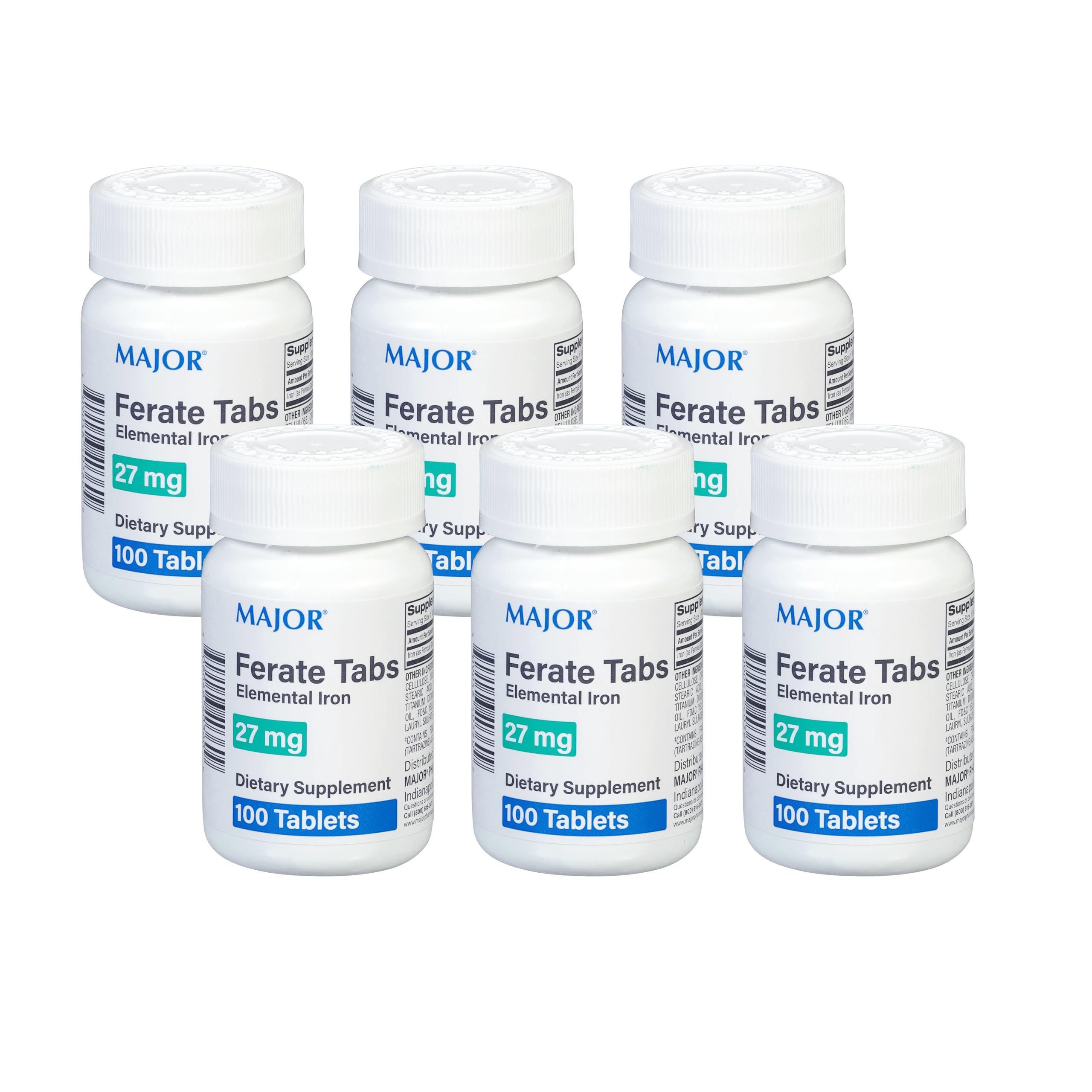 Major 27 mg Ferate Tabs - Ferrous Gluconate Elemental Iron Dietary Supplement - 100 Count (6 Pack) 100 Count (Pack of 6)