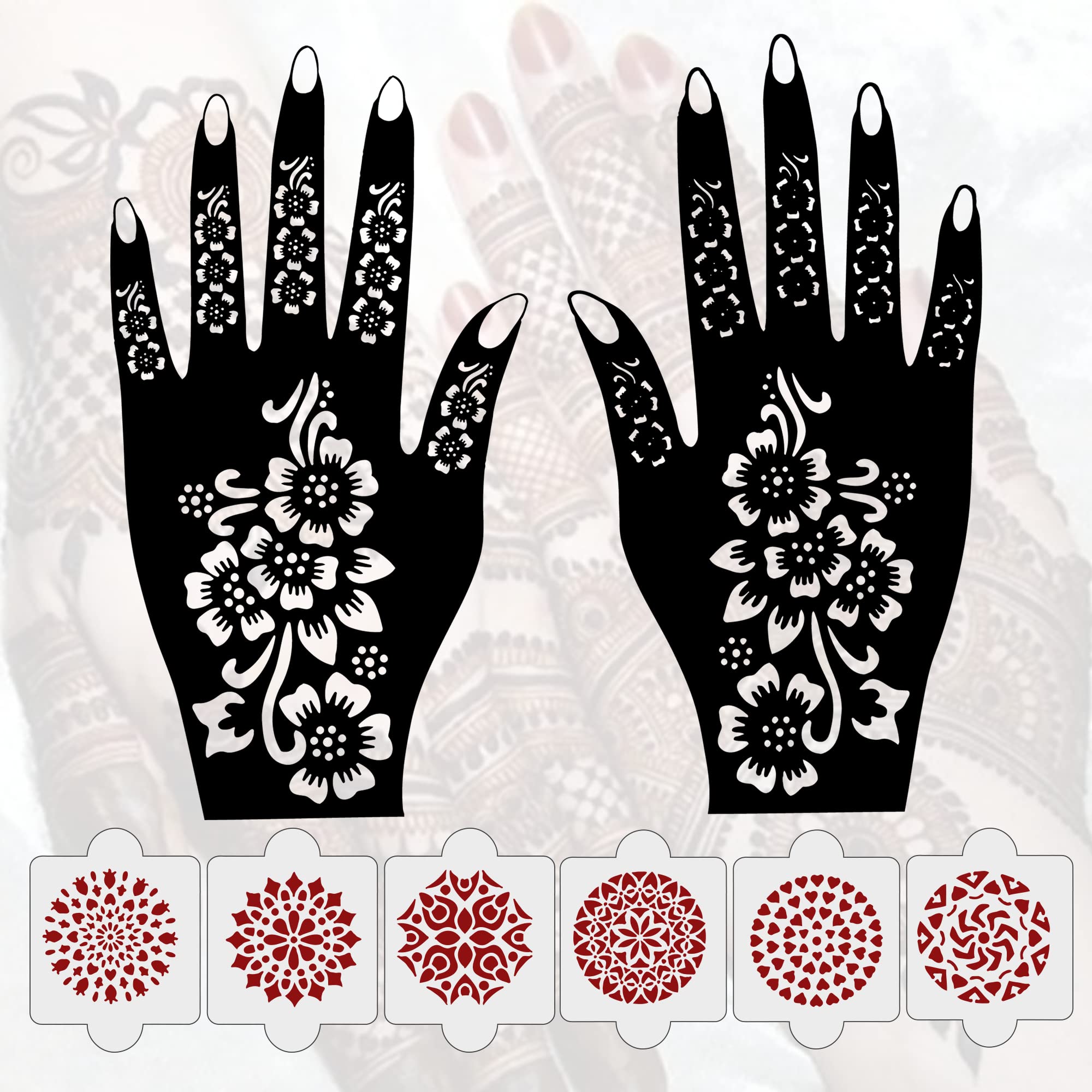 Ivana's Pack of 8 Pcs (2 Pcs Heena Stencil Tatto + 6 Pcs Laser Cut PVC Reusable Heena Stencils), Heena Mehandi Sticker, Mehandi Stickers for Full Hand for Women, Girls and Kids, Easy to Apply, NIV-032-picture-55