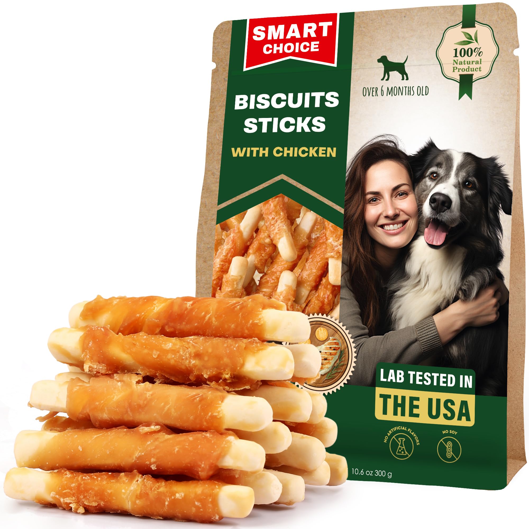 Dog Treats Biscuits Sticks Chicken Wrapped Human Grade Meat 300 Gr - Natural Dried Snacks Rawhide - Free & Grain Free Long Lasting Chews for Large & Small Dogs (Jerky Biscuits Sticks)