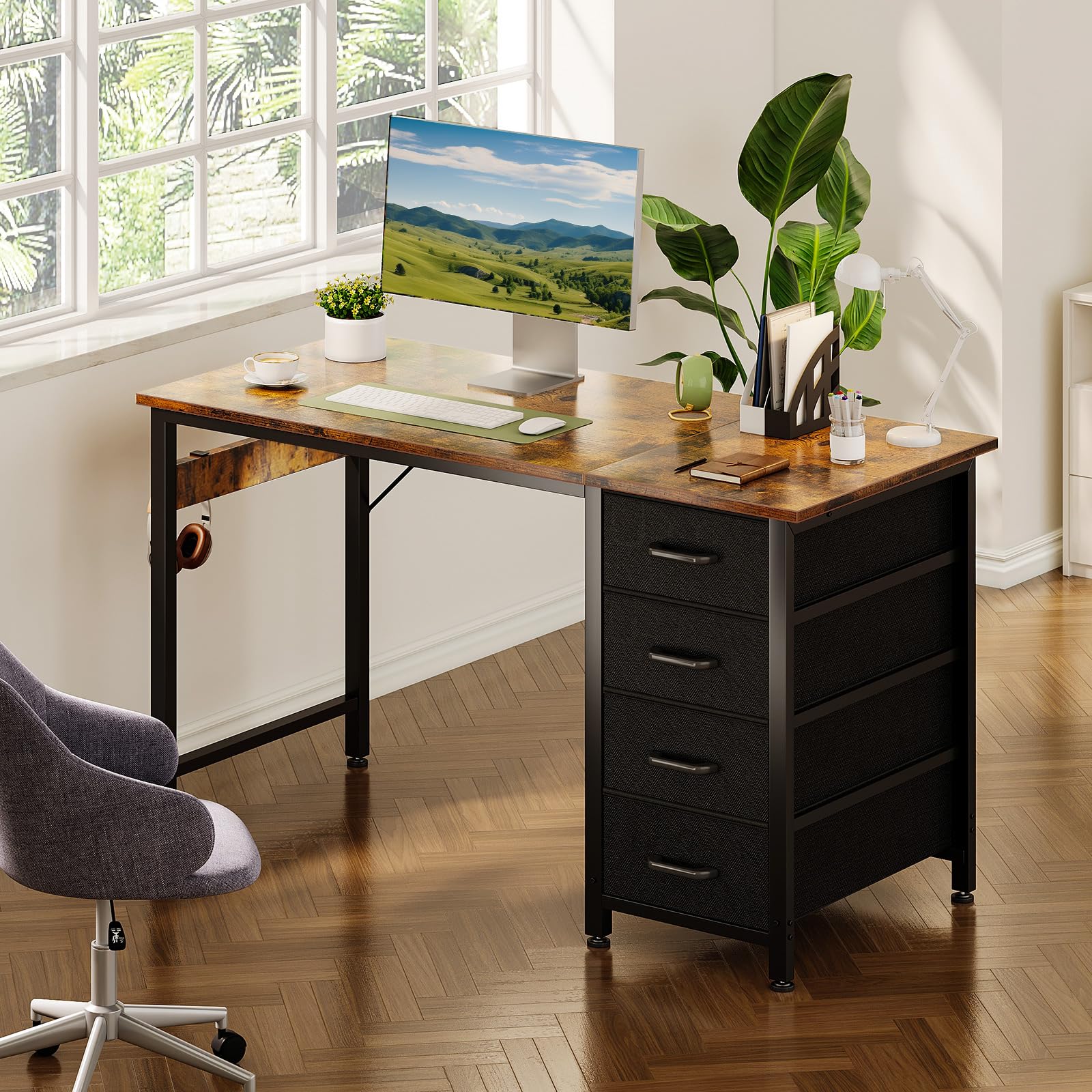 ODK Scrivania Con 2 Cassetti In Tessuto - Scrivania Compatta 100x40cm Con Portacuffie Per Camera E Ufficio - Foto 11