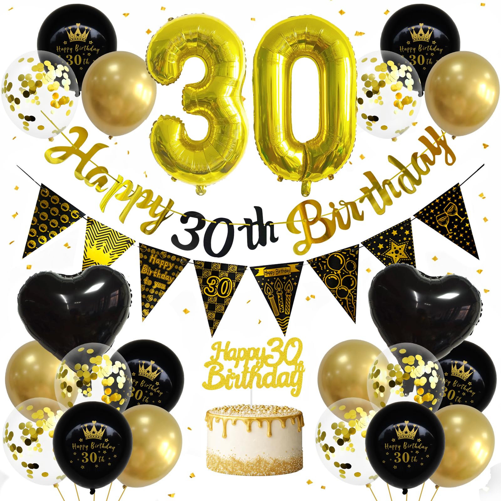 30th Black and Gold Birthday Decorations for Women & Men, Black Gold Party Supplies with 32 Inch Gold Number Balloon, Happy Birthday Banner, Heart & Confetti Balloons, Cake Topper & Triangle Bunting