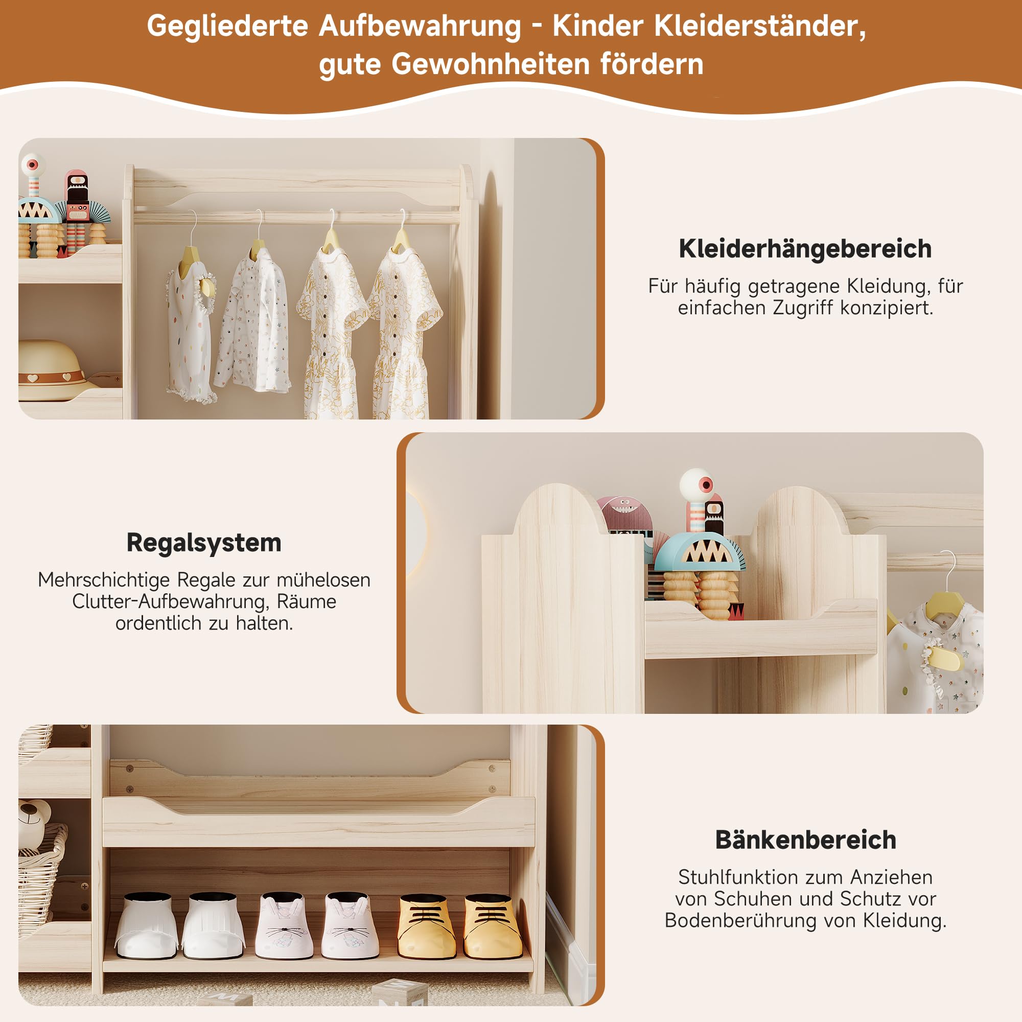 Garderoba dziecięca z drążkiem na ubrania i 4 półkami, naturalne drewno, MDF, 110 x 39 x 110 cm, do pokoju dziecięcego