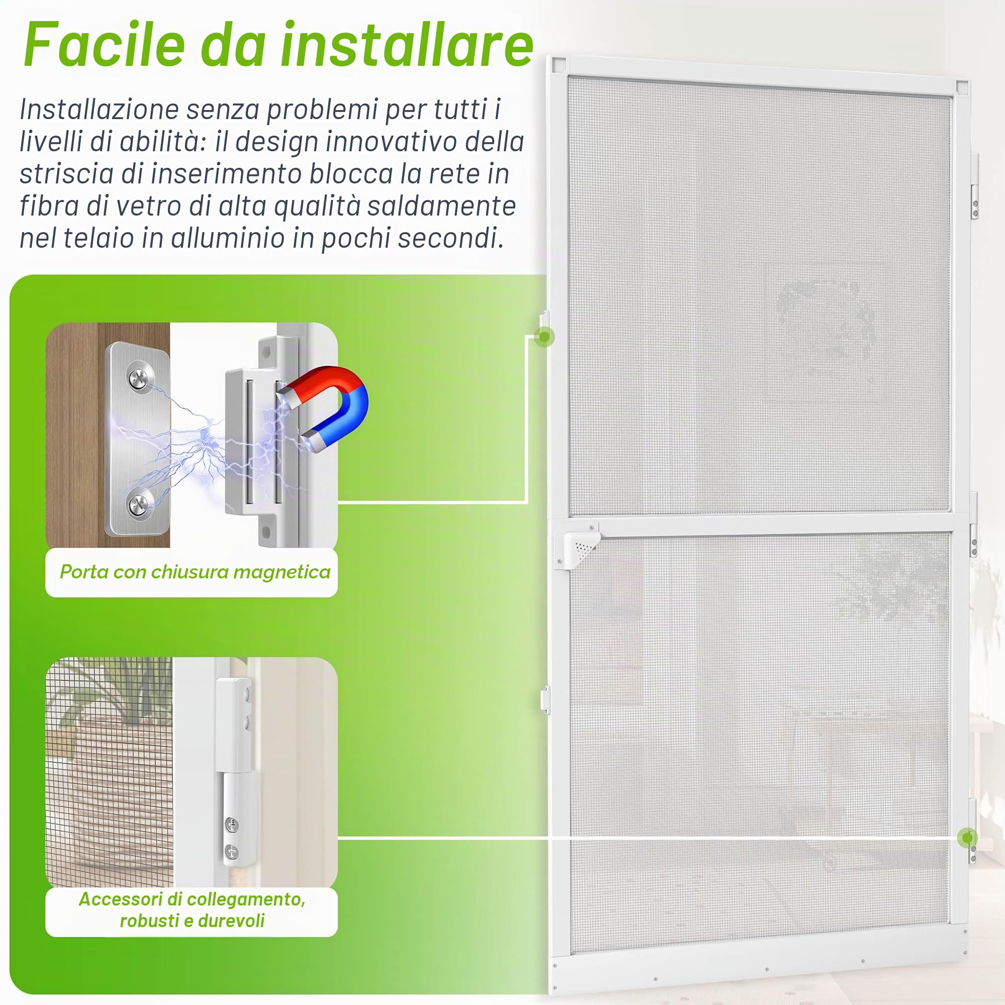 Zanzariera per porta, zanzariera con zanzariera e telaio in alluminio, 120 x 240 cm, zanzariera per balcone, soggiorno, terrazza