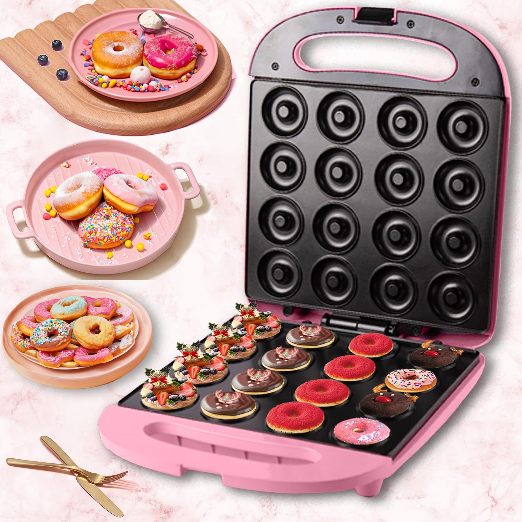 Donut Maker Pink, Mini Donut Maker Machine with Non-stick Surface, Bake 16 Mini Doughnuts, Perfect for Making Donuts with The Family
