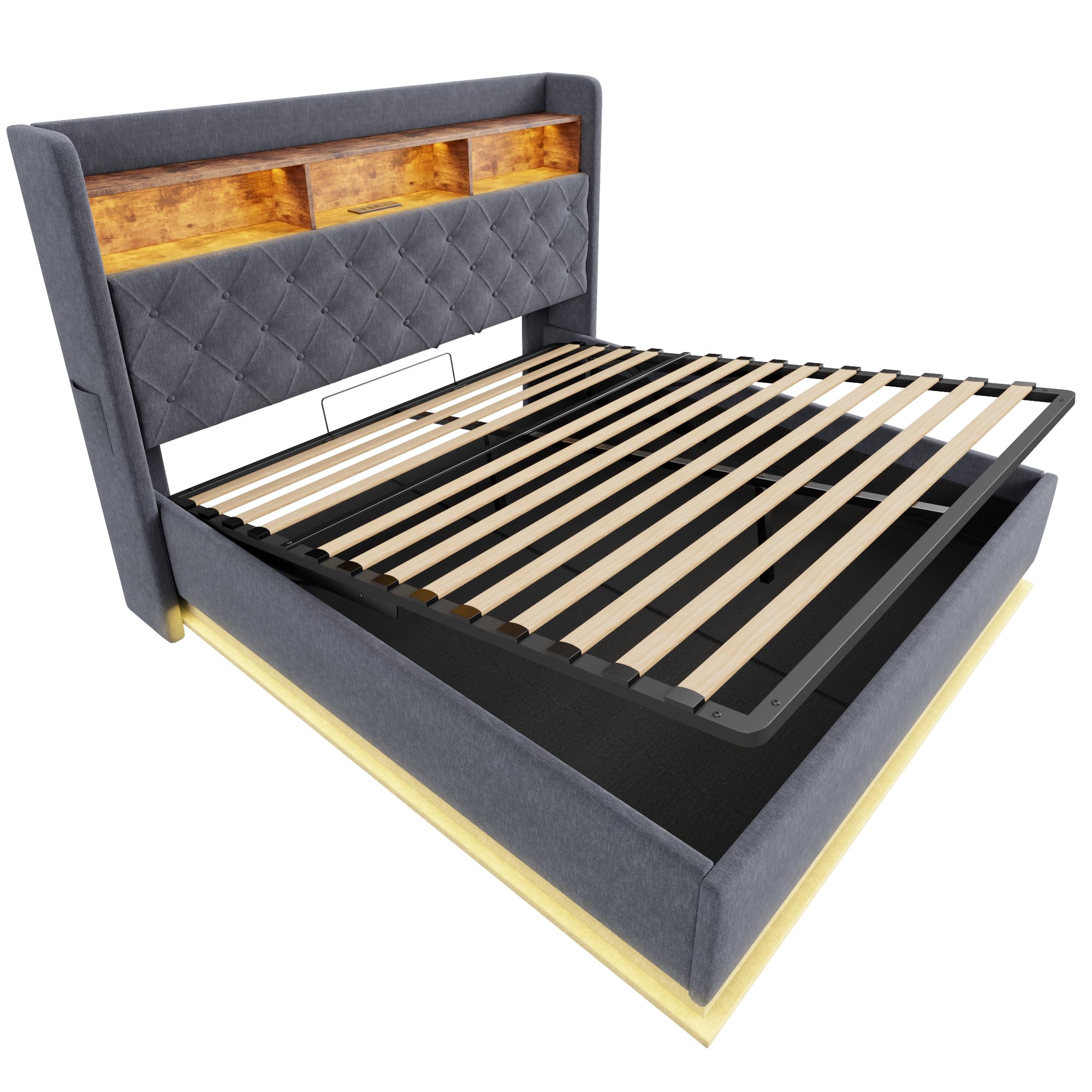 Kebnor - Letto imbottito con LED, letto imbottito con spazio di archiviazione e presa USB e spazio di archiviazione idraulico, tessuto di lino amichevole per la pelle (grigio, 180 x 200 cm)