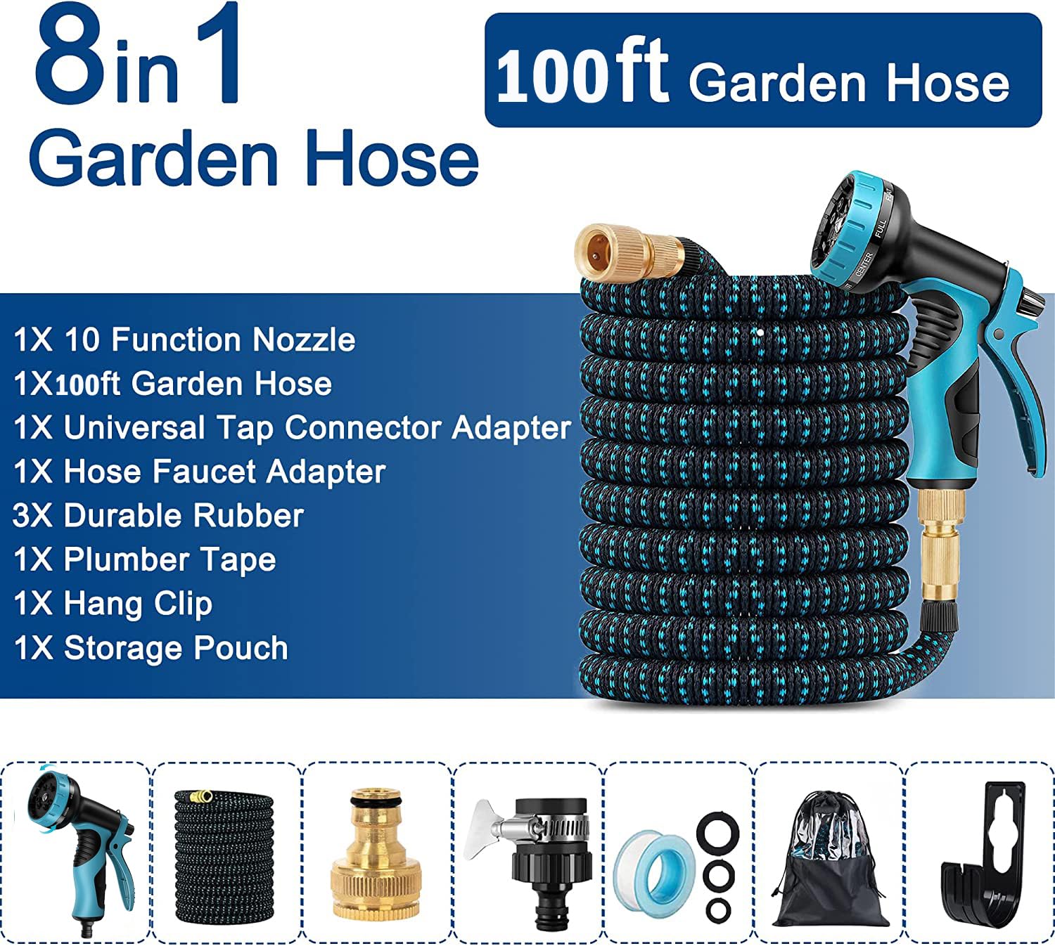 Tubo da giardino retrattile da 30 m con raccordo da 3/4", 1/2 e adattatore universale da 16 mm, tubo da giardino con 10 modelli di pistole a spruzzo d'acqua per giardini, irrigazione giardino