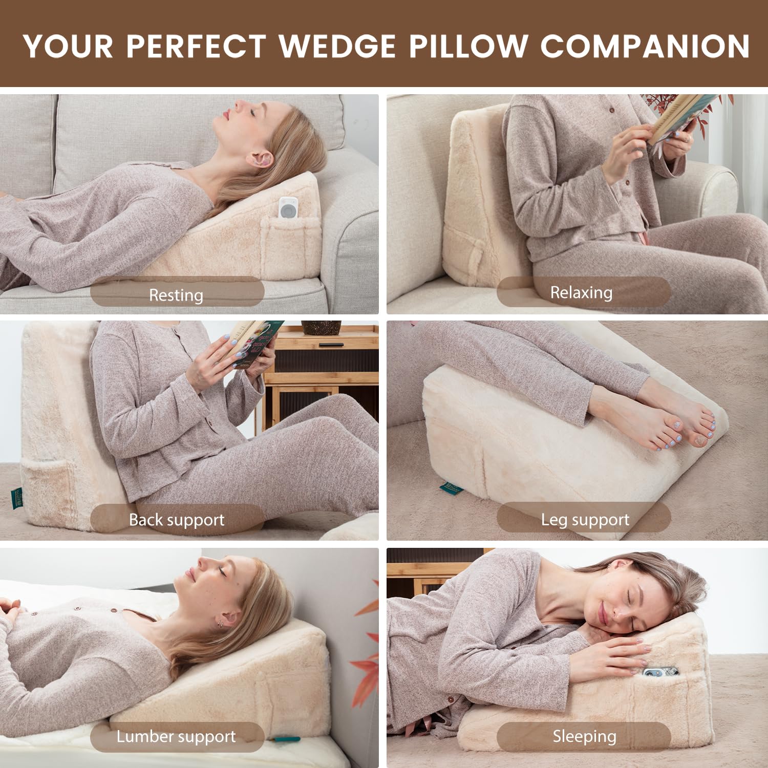 Almohada de cuña de cama para dormir, almohada triangular ajustable de piel sintética para piernas, dolor de espalda, ronquidos, alivia el reflujo ácido, color blanco
