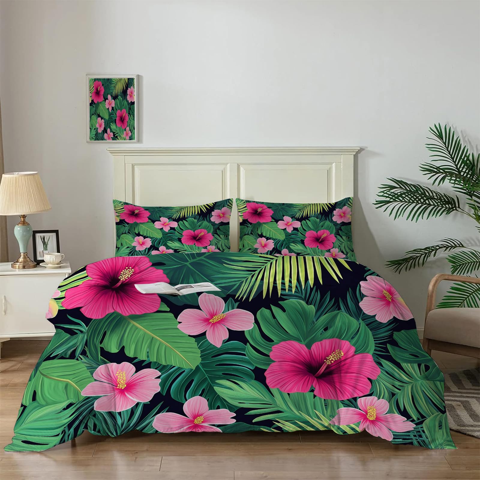 Housse de couette 220x240cm fleurs pour lit 2 personnes facile à border