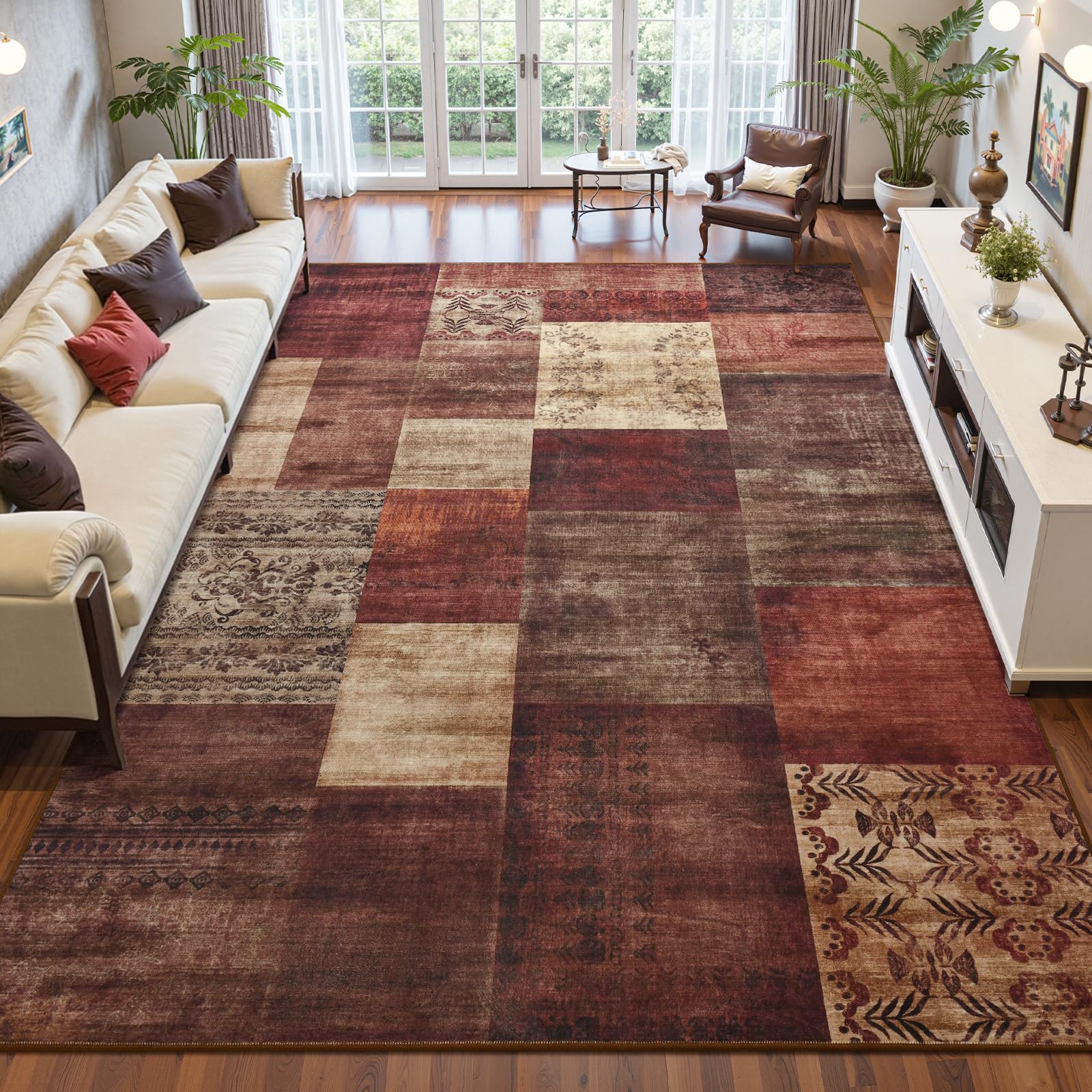 Photo 1 of DweIke Washable Area Rugs 5x7 for Living Room, Modern Geometric Red Soft Patchwork Carpet, Non-Slip Stain Resistant Throw Rug for Bedroom Dining Room Office Home Decor