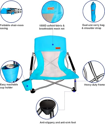 Miniatura 6 de Nice C Silla plegable de camping de playa baja silla ultraligera con soporte para tazas y bolsa de transporte compacta y resistente al aire libre