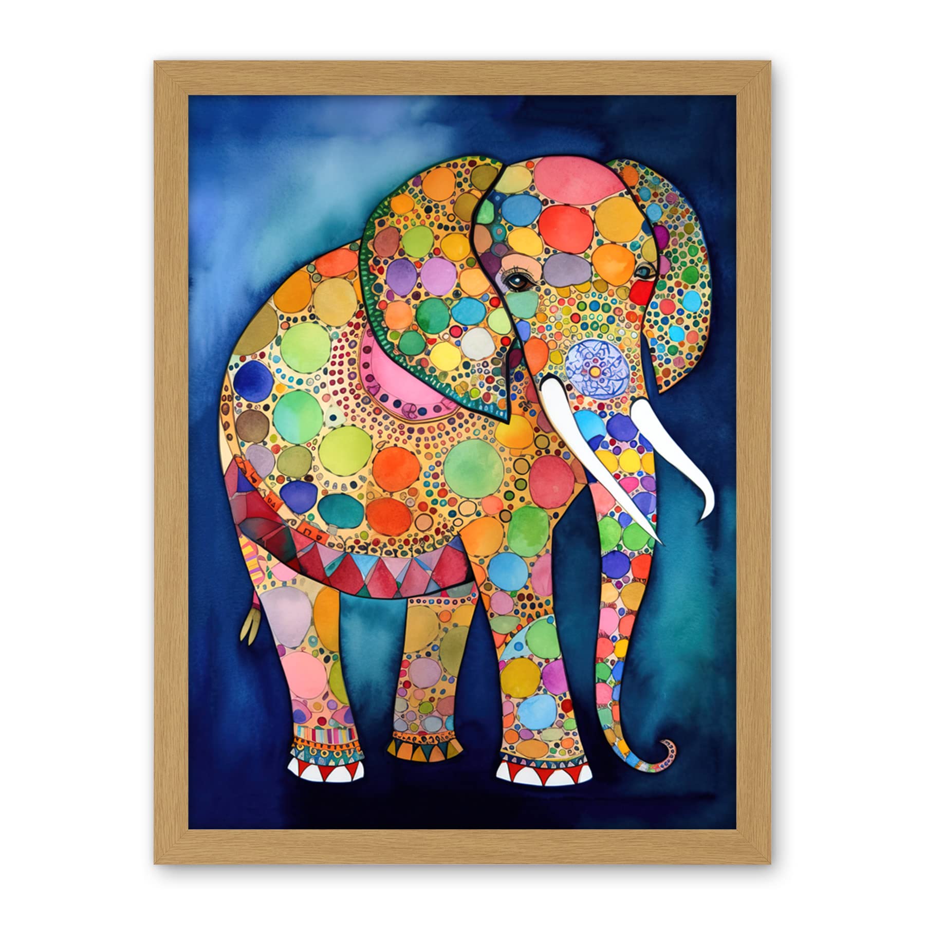 Artery8 Elephant With Patterns Folk Art Watercolour Painting Artwork Framed Wall Art Print 18X24 Inch