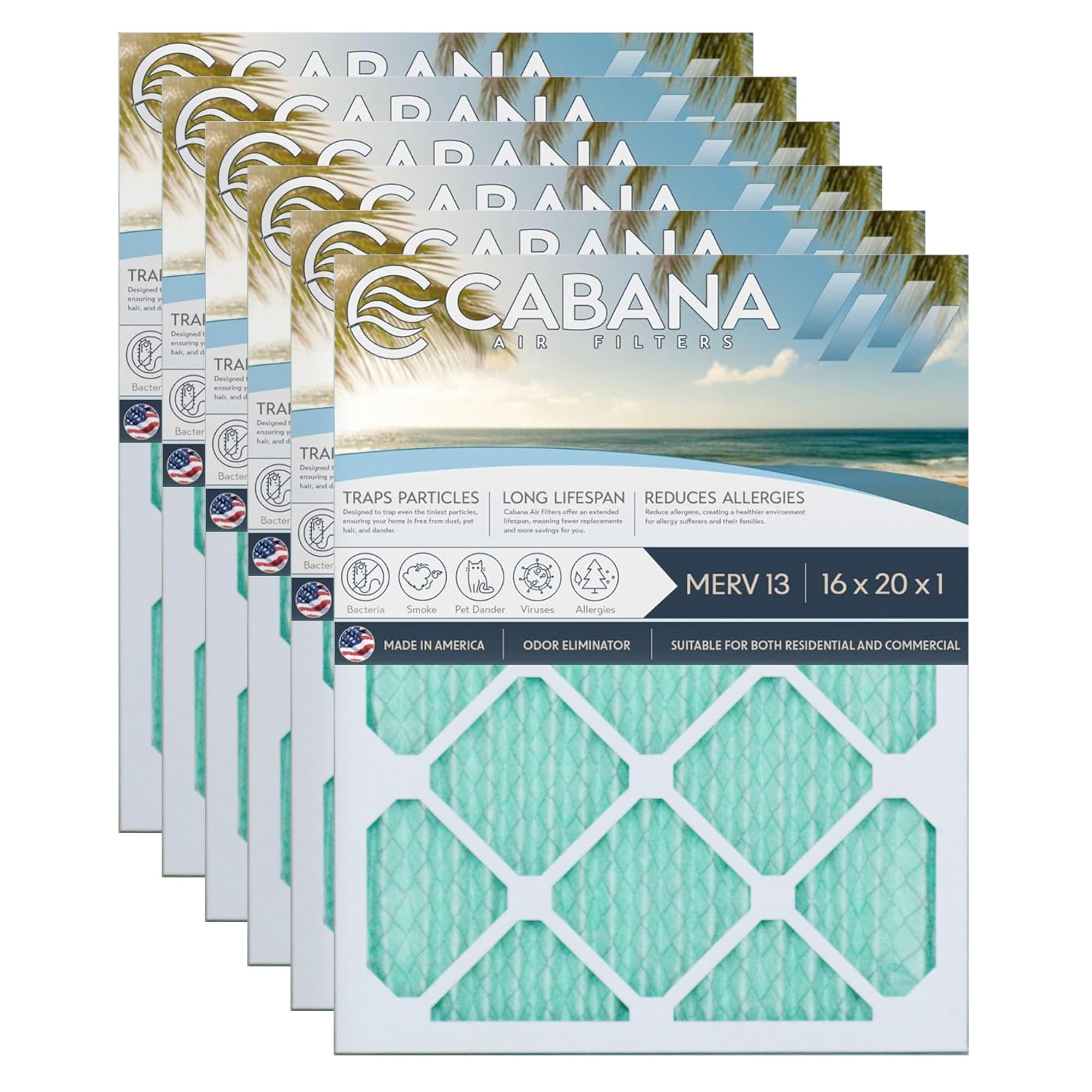 Cabana Filters 6-Pack 16x20x1 MERV 13 AC Furnace Air Filter for Home and Office - Indoor HVAC System Filtration Replacement, Captures Unwanted