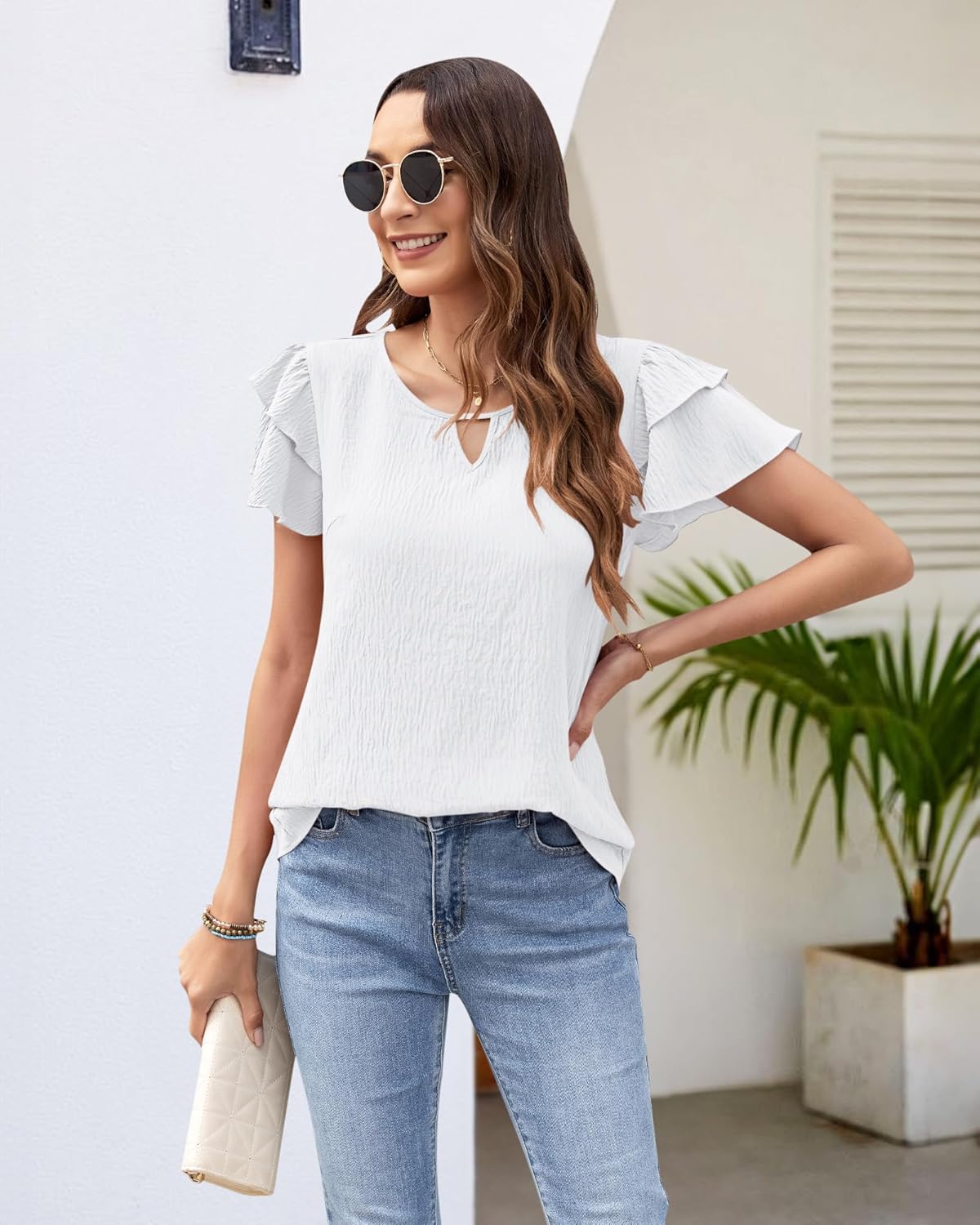 MOLERANI Blouses for Women Dressy Casual Tops Business Work Short Ruffle Sleeve Cute Summer Shirts Trendy Outfits 2025,White,S - Image 4