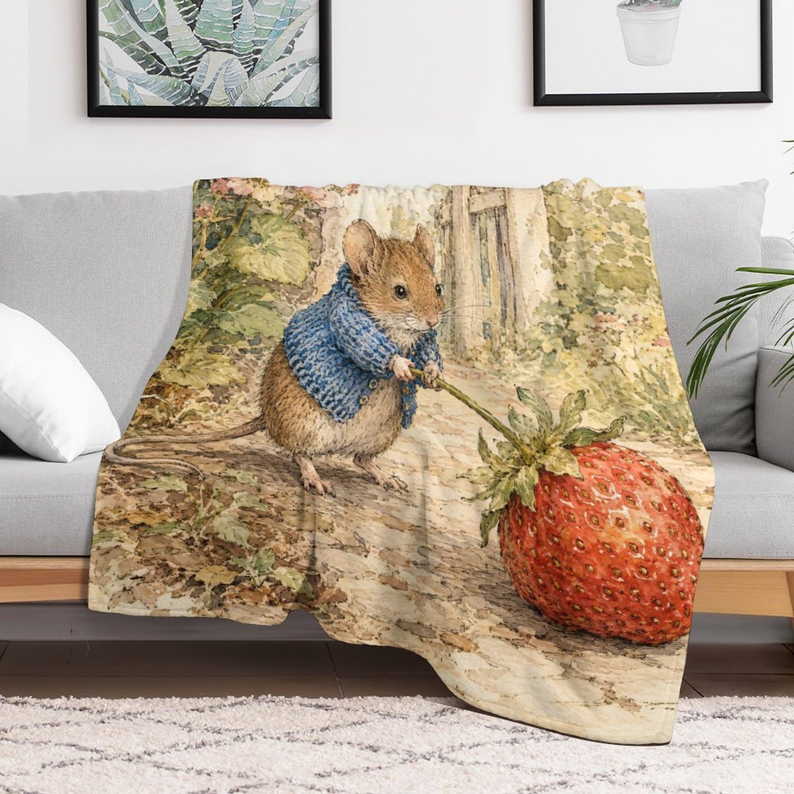 Ratón con Fresa Manta Libro de cuentos de animales Franela Suave Sofa Cama | manta polar sofa con Jardín de cuentos y Linda ilustración infantil, para rincon lectura, salon, 175x200cm(70x80in)