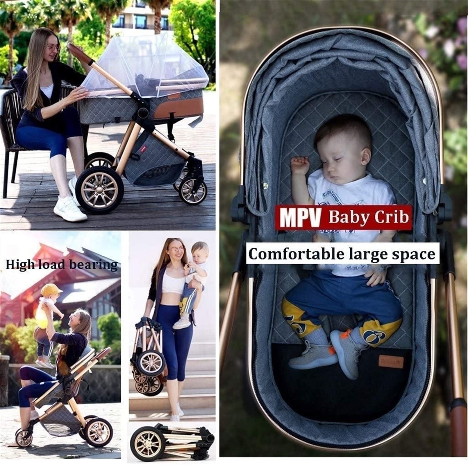 LEIYAN Wózki dziecięce Para Bebes 3 en 1 dla niemowląt i malucha wózek podróżny z osłoną przeciwdeszczową chłodzącą podkładka przeciwsłoneczna osłona stopy łatwy składany wózek jedną ręką (kolor: biały)