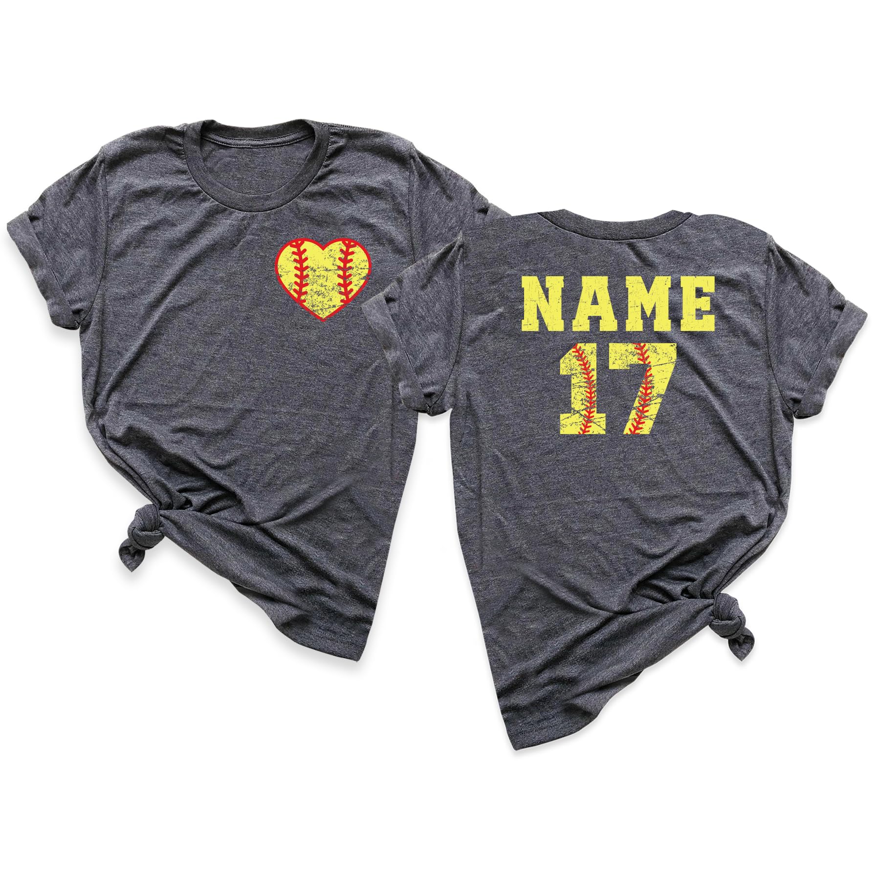 Generic Custom Softball Heart Shirt with Personalized Name & Number - Women's & Kids Sizes - Multiple Colors - Short Sleeve