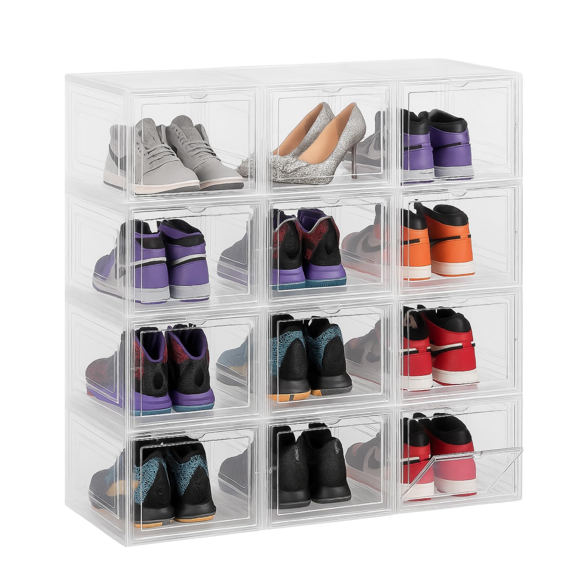Greenfields Transparent Shoe Boxes - Clear or Black Durable Shoe Box Organiser - Space Saving Design with Magnetic Door - Durable and Sturdy Bins Front Stackable Drawers (Clear, 12 Pack)