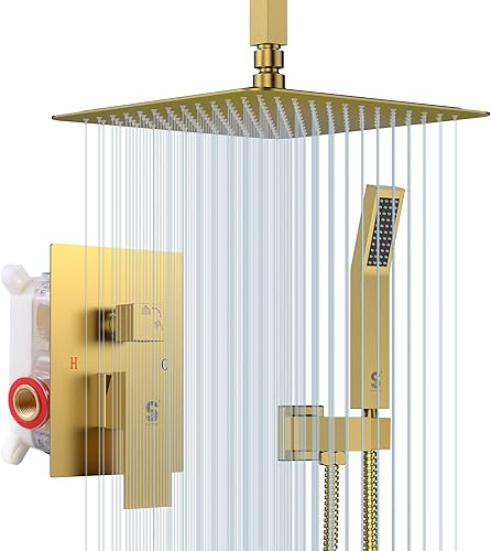 Miniatura 65 de SR SUN RISE Sistema de ducha montado en el techo de 12 pulgadas, mezclador de lluvia, sistema de cabezal de ducha de lluvia, dorado cepillado, Oro