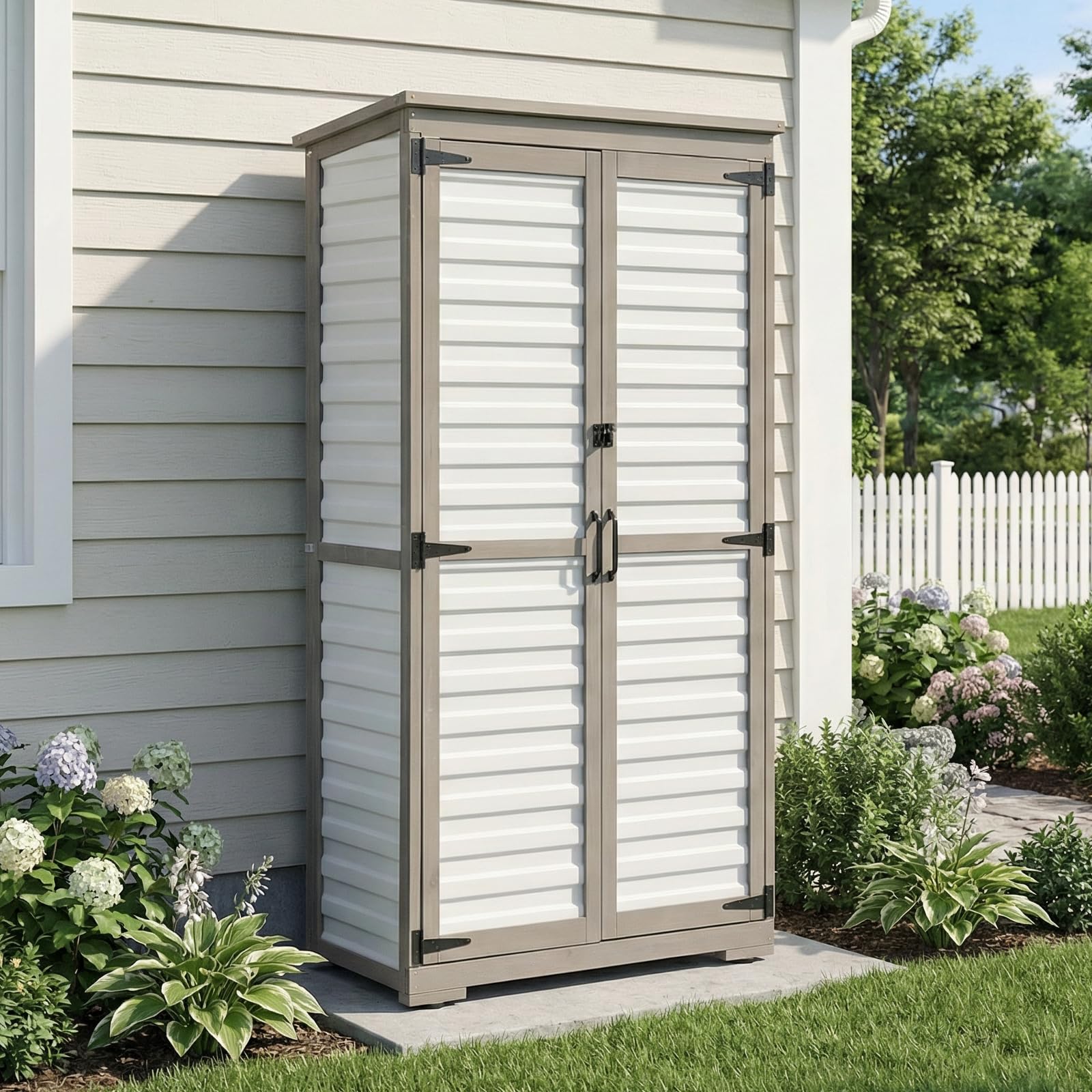 Outdoor Storage Cabinet, Wood &amp; Plastic Garden Shed with Adjustable Shelves
