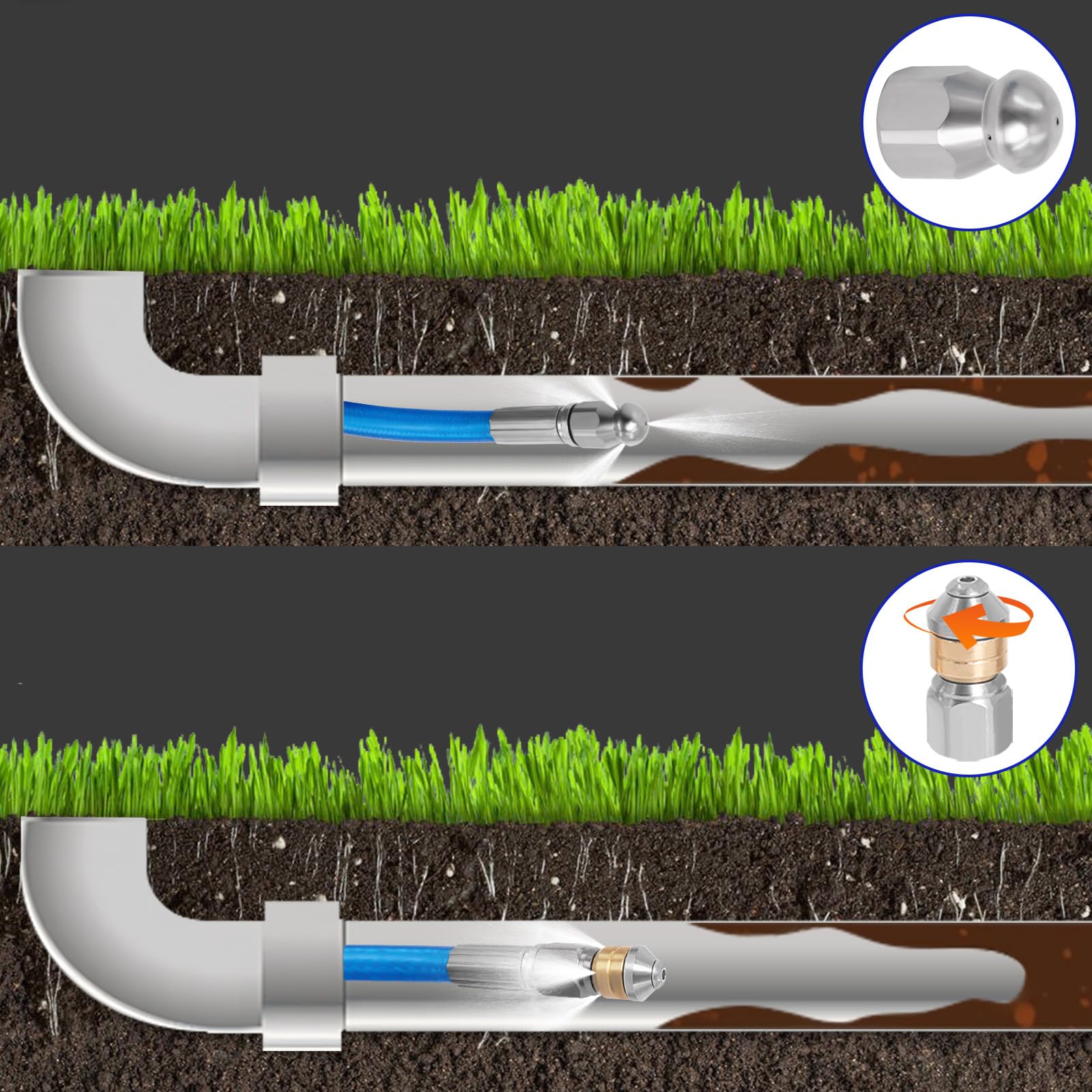 Getto di scarico per idropulitrice da 15 m, compatibile con idropulitrici Karcher serie K2-K7 e Bosch 5800 PSI per fogna, kit di pulizia con ugello a getto e ugello rotante