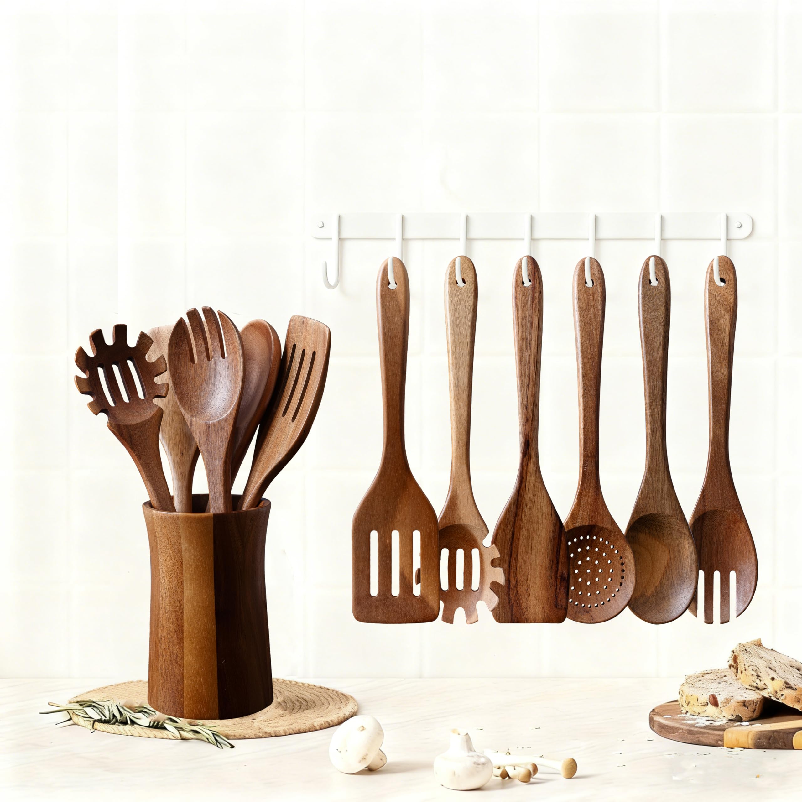 7-teiliges Küchenhelfer-Set aus natürlichem Akazienholz mit Halter – Holzlöffel und Gabel zum Kochen, Komfortgriff, Kochlöffel, Spatel, Sieblöffel, Salatgabel, Rührlöffel und Utensilienhalter