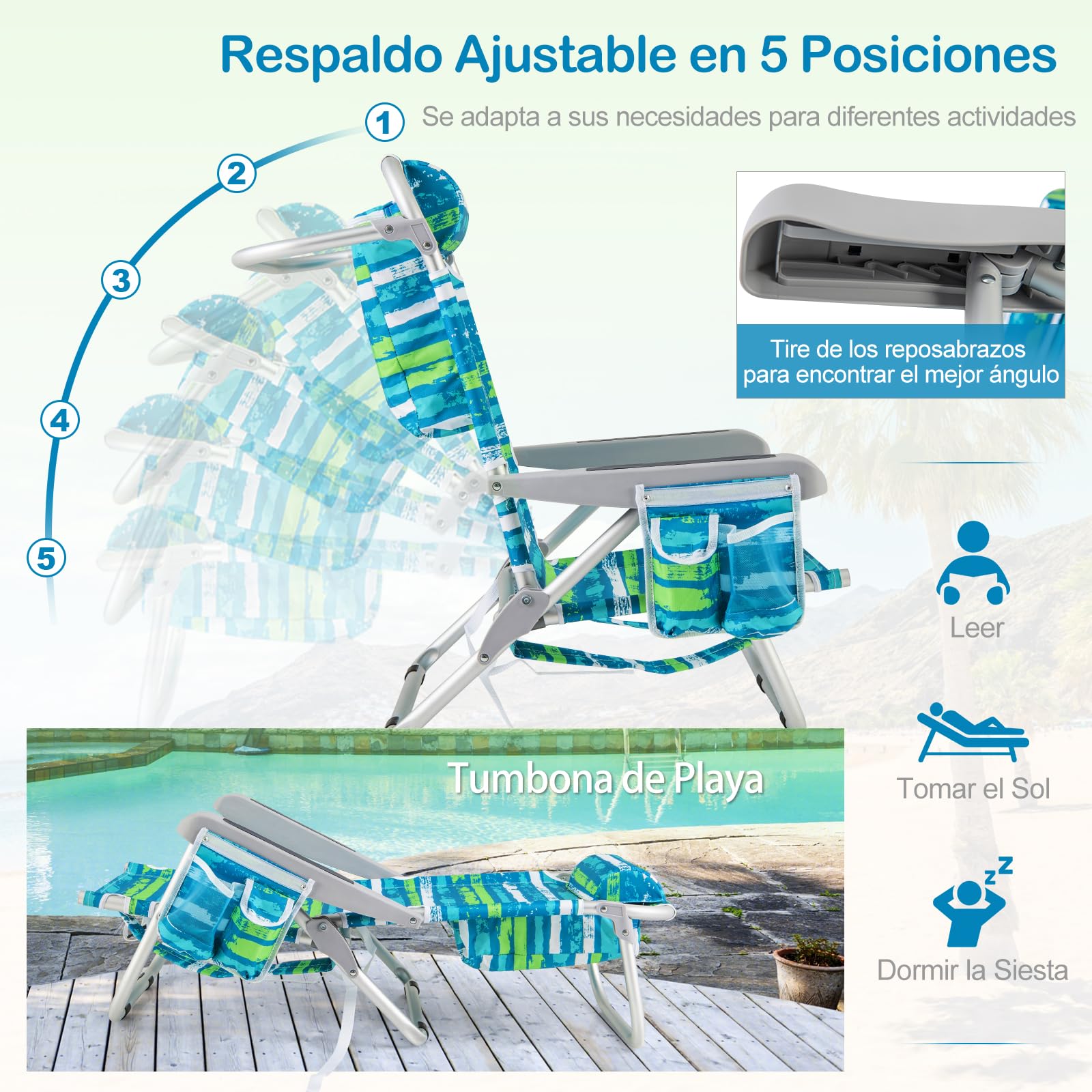 COSTWAY Silla Plegable de Playa, Tumbona con 5 Posiciones, Portavasos, Bolsillos de Almacenamiento, Correas de Hombro, Soporte para Toallas, Almohada, 150kg (Verde+Azul,1)