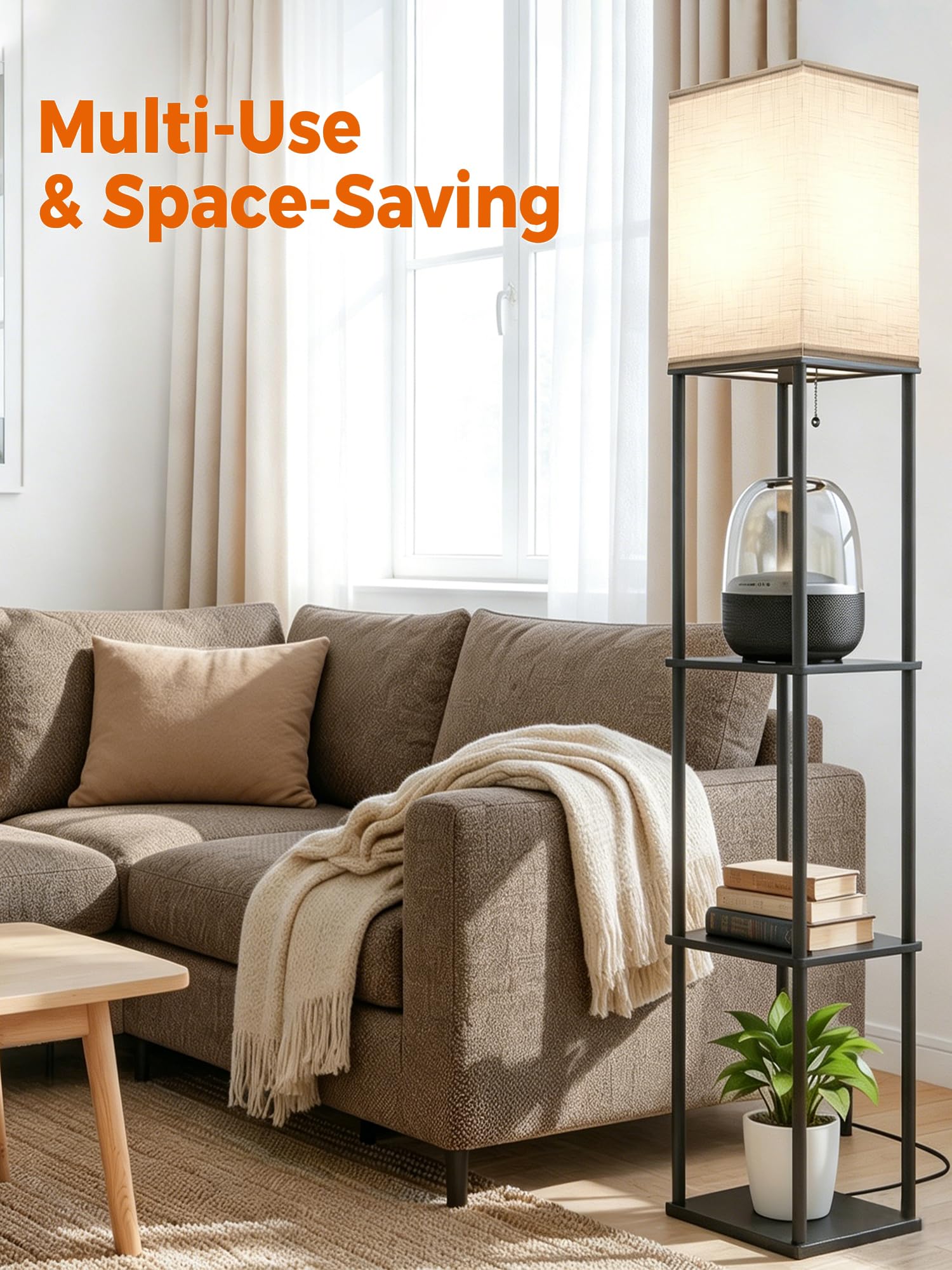 Aimosen Stehlampe mit Regal aus Holz & Metall, LED Stehleuchte mit 3 Farbtemperaturen, 3-stufiges Ablage-Regal, 9W E27 LED, moderne Stehlampe für Wohnzimmer Schlafzimmer Büro, Schwarz