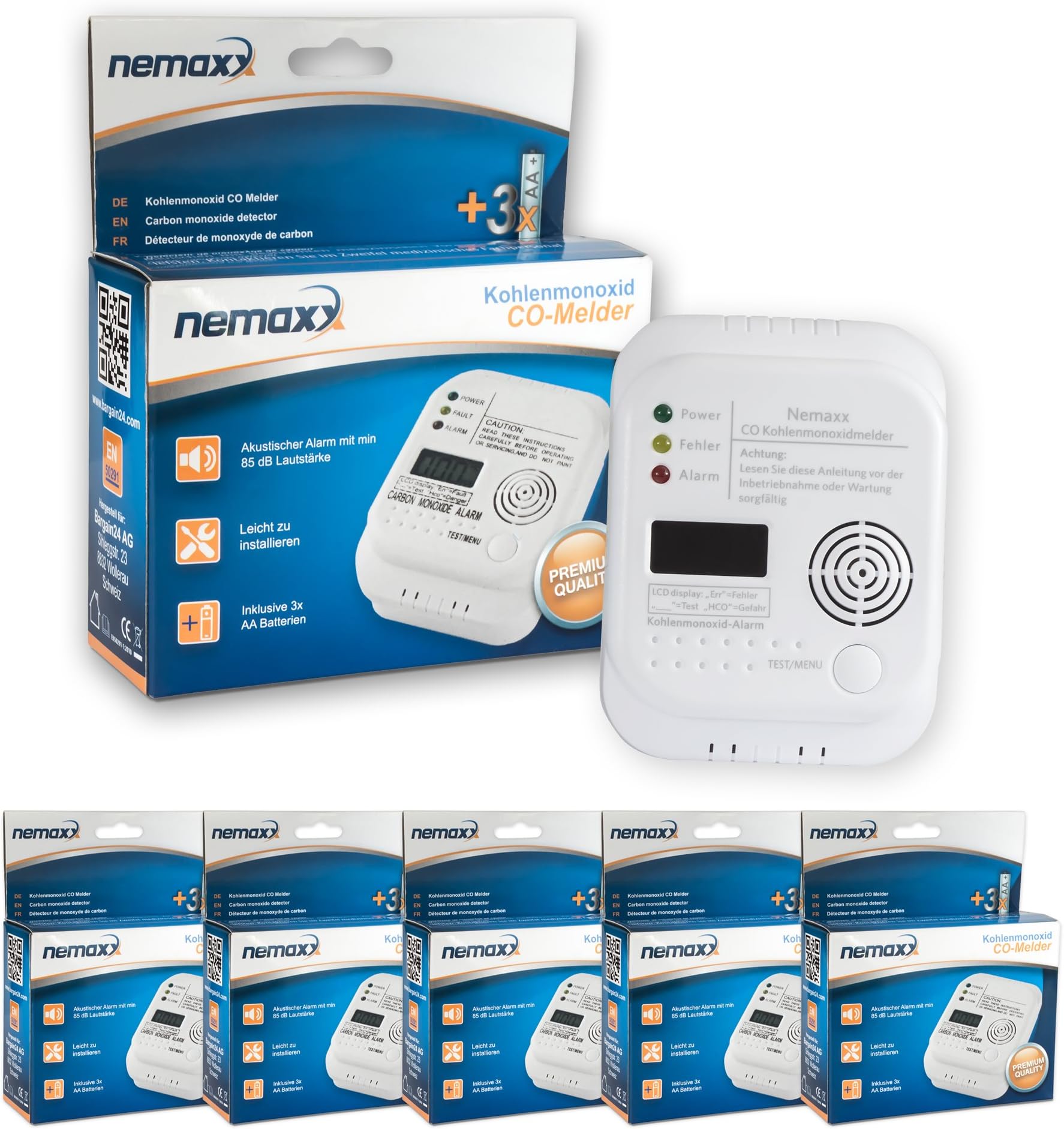 5x Nemaxx CO detector carbon monoxide gas detector gas alarm in accordance with DIN EN 50291