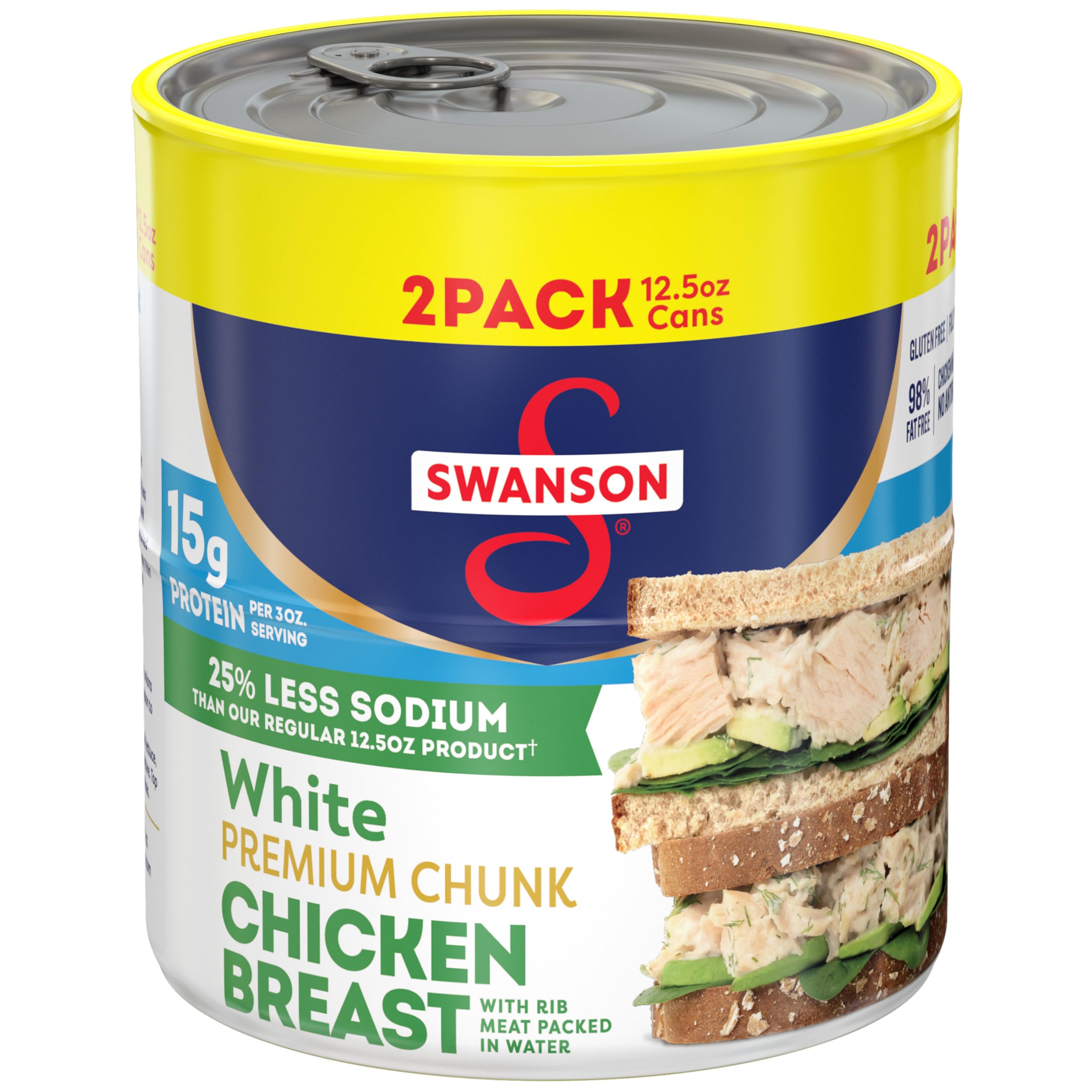 Swanson 25% Less Sodium Chunk Canned Chicken in Water, 2 Count 12.5 Oz