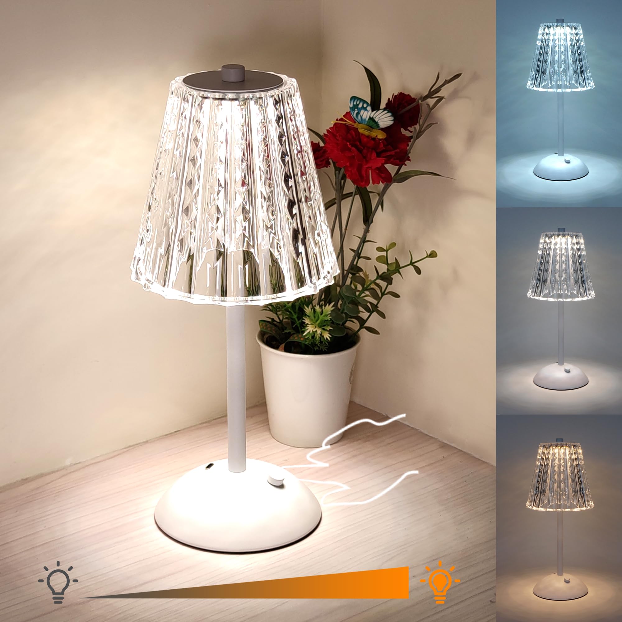 Amingulry Cordless Table Lamp, 4000mAh Rechargeable Battery Operated Lamp, 3 Color Modes & Stepless Dimmable LED Touch Lamp, Portable Crystal Metal Beside Lamps for Bedroom Restaurant Outdoor(White) — image 1