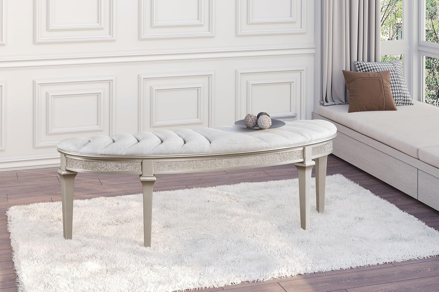 Coaster Home Furnishings - Evangeline - Upholstered Bench with Channeled Tufting, Faux Diamond Trim, and Oak Wood Finish - Modern Classic - Bedroom and Entryway - Silver Oak - 223396
