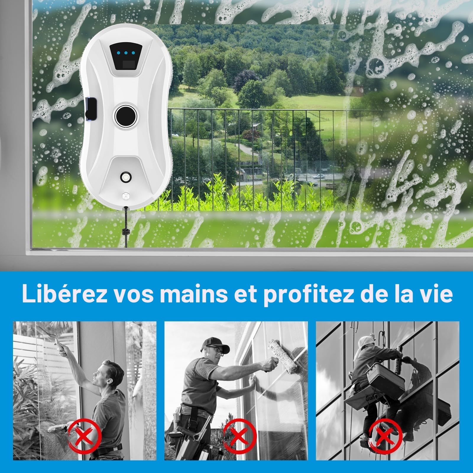 Robot Nettoyeur de Vitres Avec Jet d'Eau Automatique, 5600 Pa - Système de Détection Intelligent des Bords - Pour Fenêtres