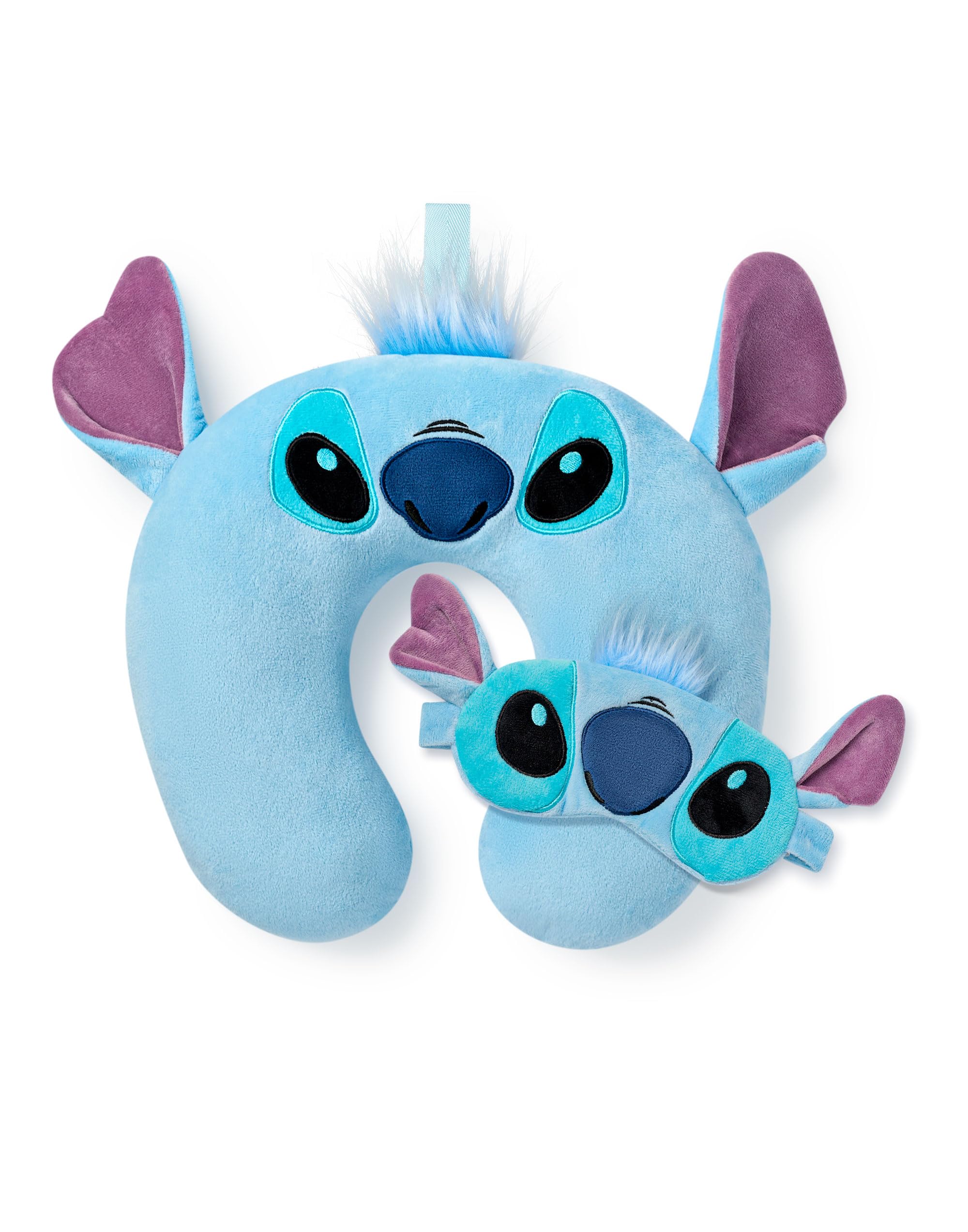 Disney Women's Blue Lilo & Stitch Travel Pillow & Eye Mask Set | Furry Neck Pillow & Sleepwear Eye Cover For & Girls | Matching Travel Set With 3D Ears For Adults & Teens | Ohana Movie Merchandise Gift