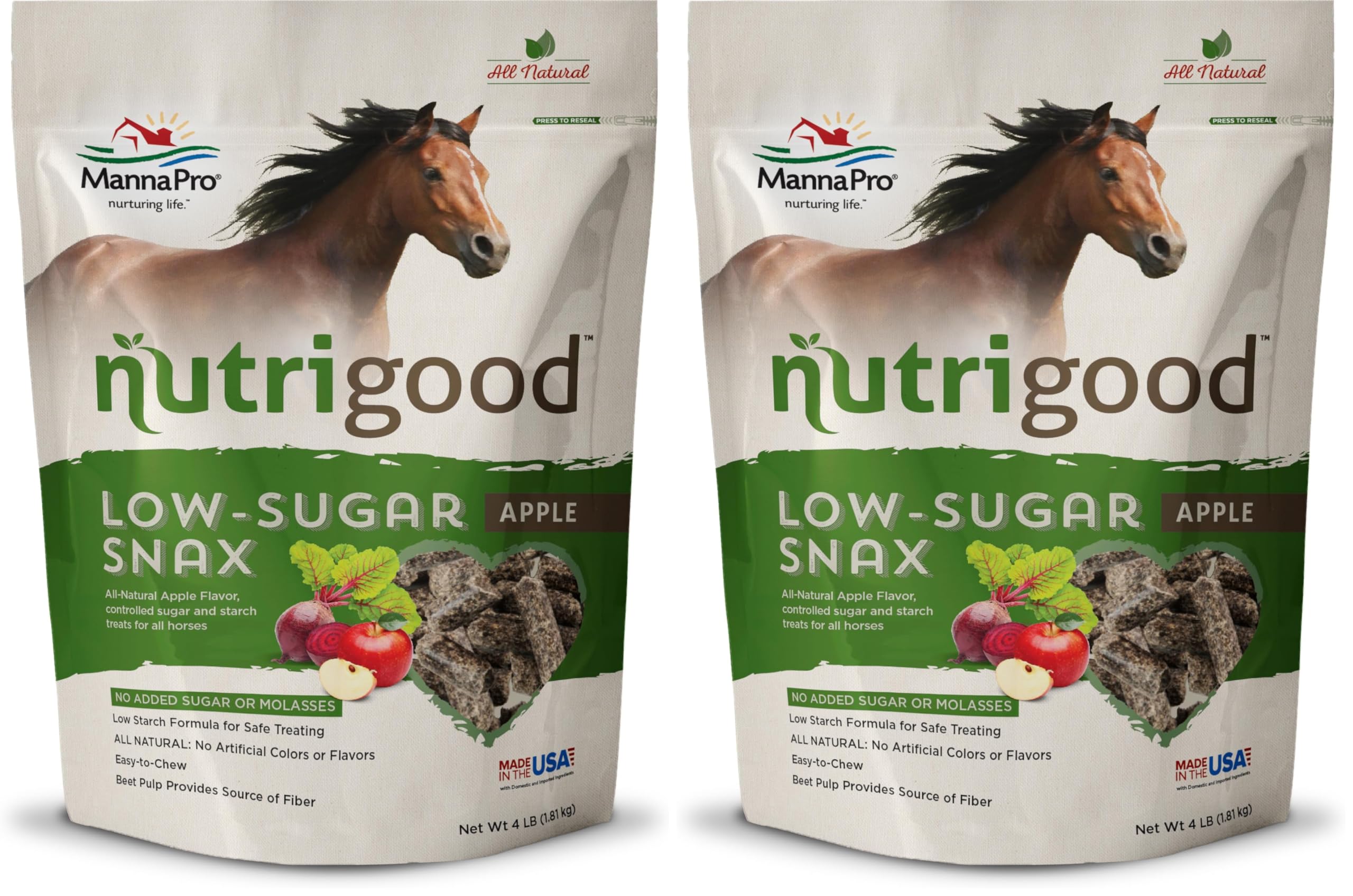 Manna Pro NutriGood Low-Sugar Apple Snax Horse Treats,All-Natural,No Added Sugar or Molasses,Low-Starch Formula,Ideal for Horses with Metabolic Needs,4 lb Bag,(Pack of 2)
